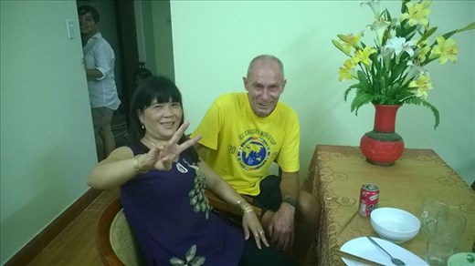 Dong's Aunty with Kevin at warm house party. 