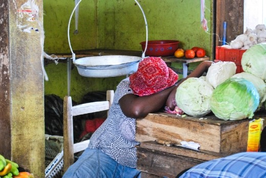 a vendor sleeps in the middle of the cabbage in the local market