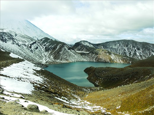 Clouds shrowd Mt. Ngharahoe with Upper Tama Lake at it's base.