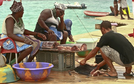 Selling fish under    the hot noon sun at the pier   of Santa Maria de Sal (Sal 