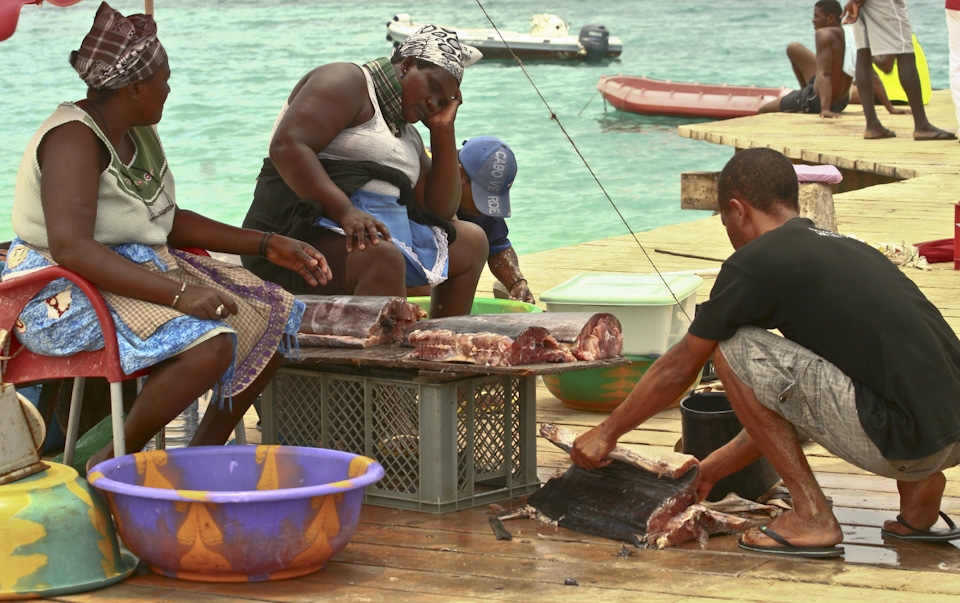 Selling fish under    the hot noon sun at the pier   of Santa Maria de Sal (Sal 