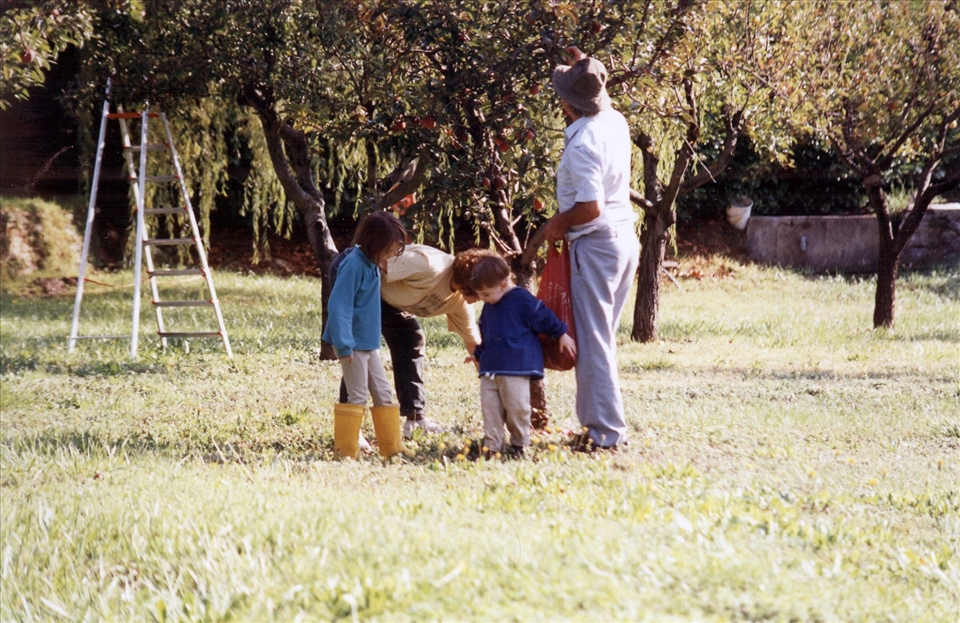 Picking fresh fruit at the farmhouse in 1995 with my brother and grandparents