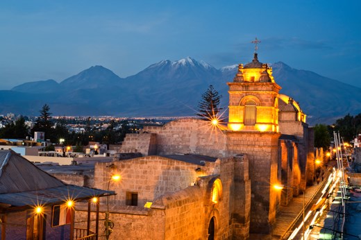 Misty volcano behind the Catalina Convent in Arequipa, Peru