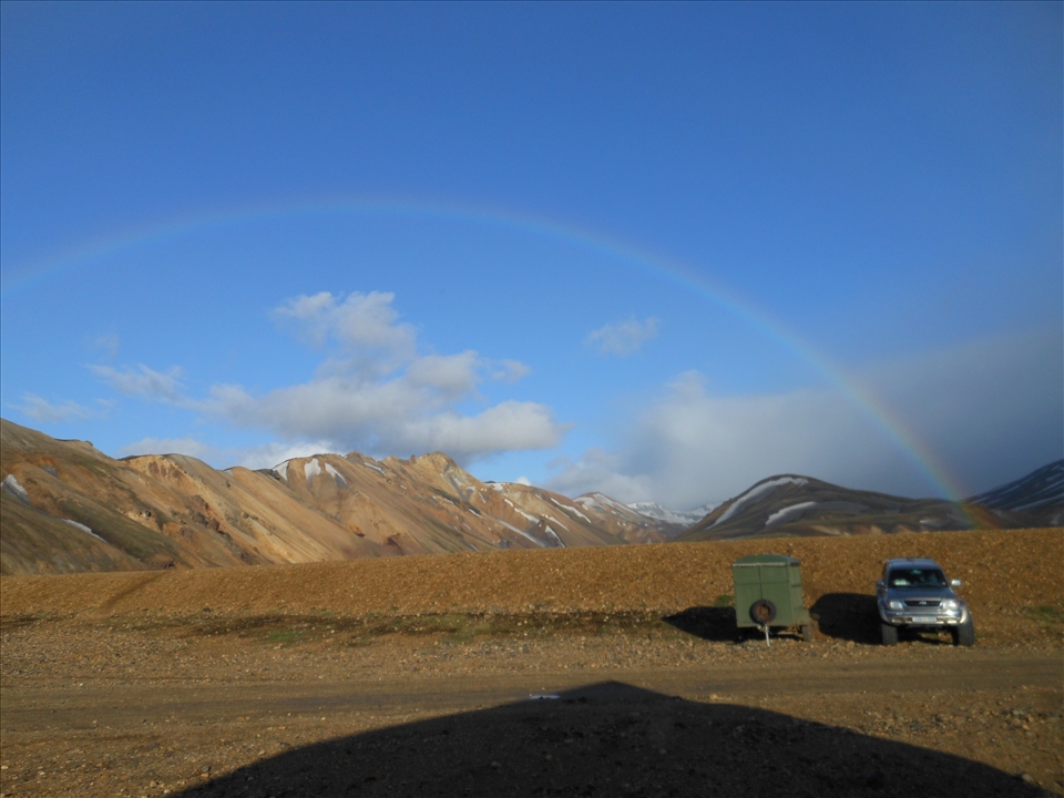 Somewhere under the rainbow. The basic camp in Landmanalaugar.