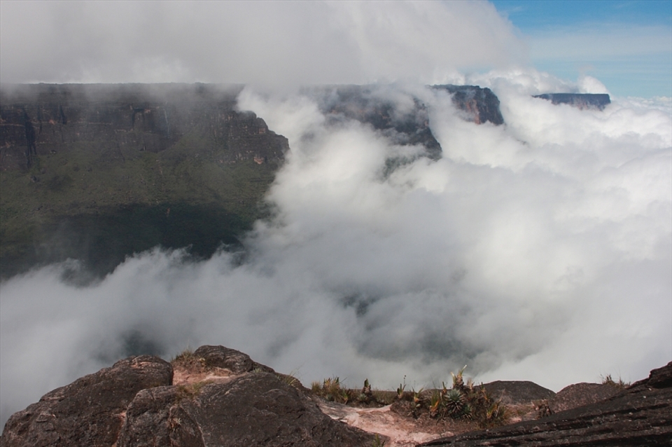 A prehistoric island in the sky  --  
Roraima, soaring more than 8,000 feet into the clouds, is like a prehistoric island in the sky.
