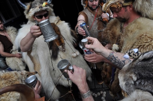 Vikings (and Valkyries) rally and plot their raid before the Little Norway Festival in Petersburg, Alaska.