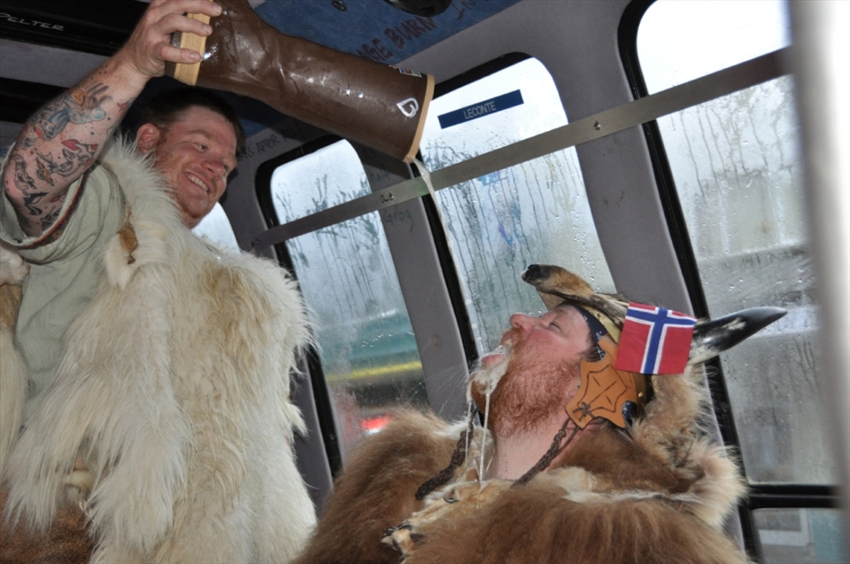 As the weekend wears on, the vikings attempt to out-do each other with feats of bravery.  Such as grabbing a boot from a passerby and  using it as a replacement mug for his grog!