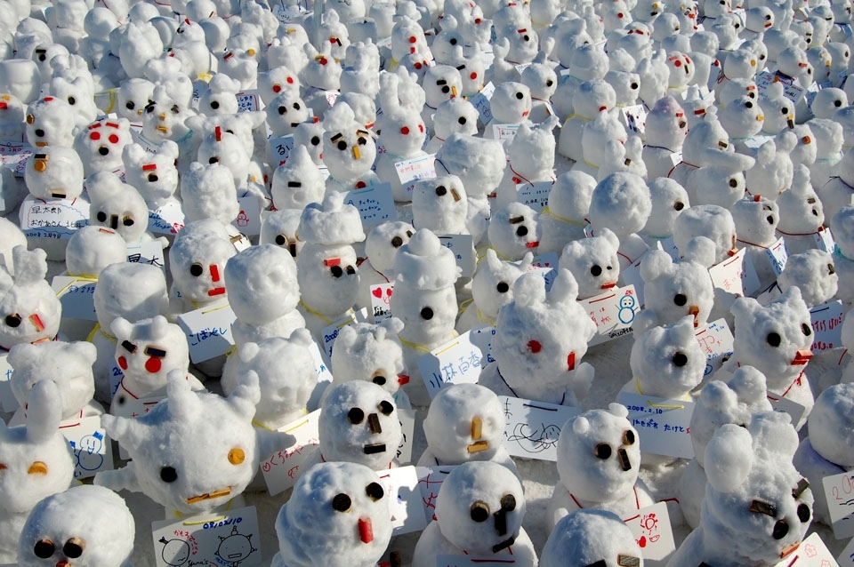 In Sapporo far up in northern Japan on the island of Hokkaido the yearly Yuki Matsuri or Snow Festival takes place. These hundreds of snowmen show the care and patience that people have to ensure the festival continues to take place and attract attention to carry on the tradition.