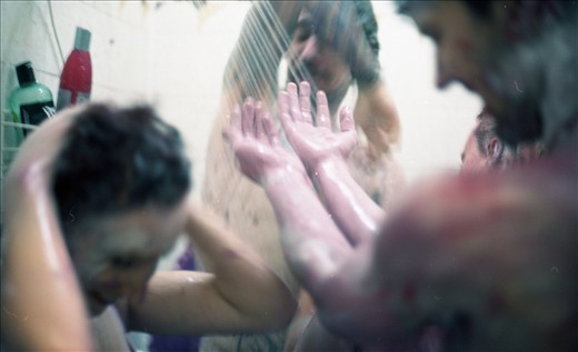 communal shower at Sashimi after a paint fight.