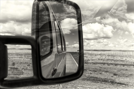 The road gets behind as we travel in Patagonia.