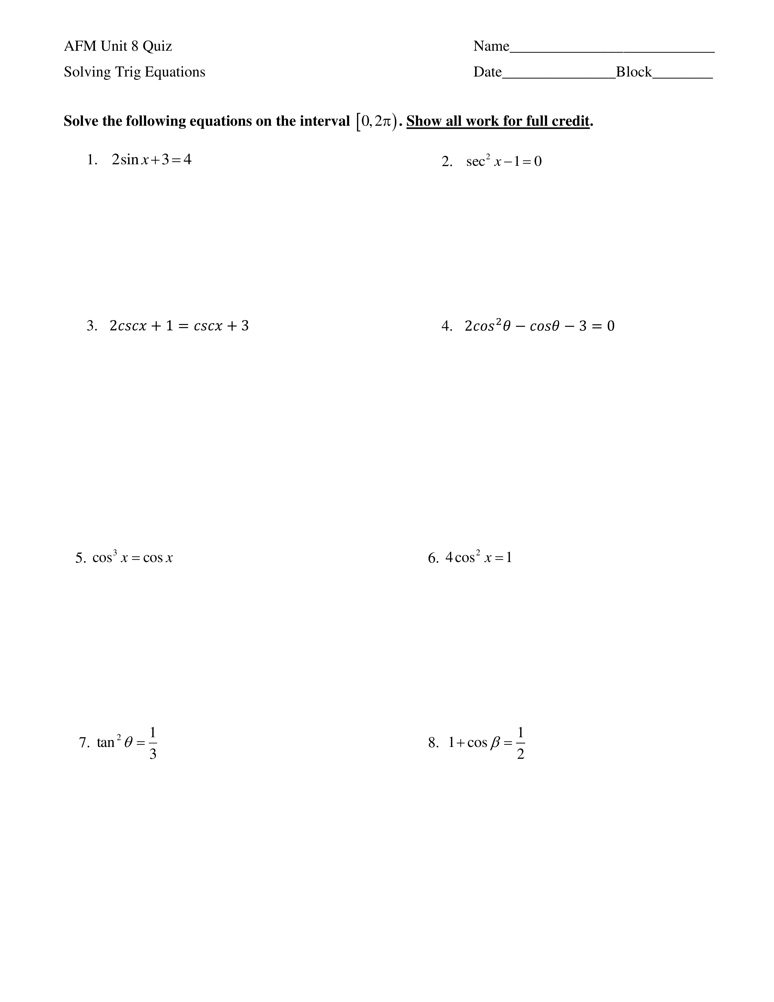 Solving Trig Equations Worksheet