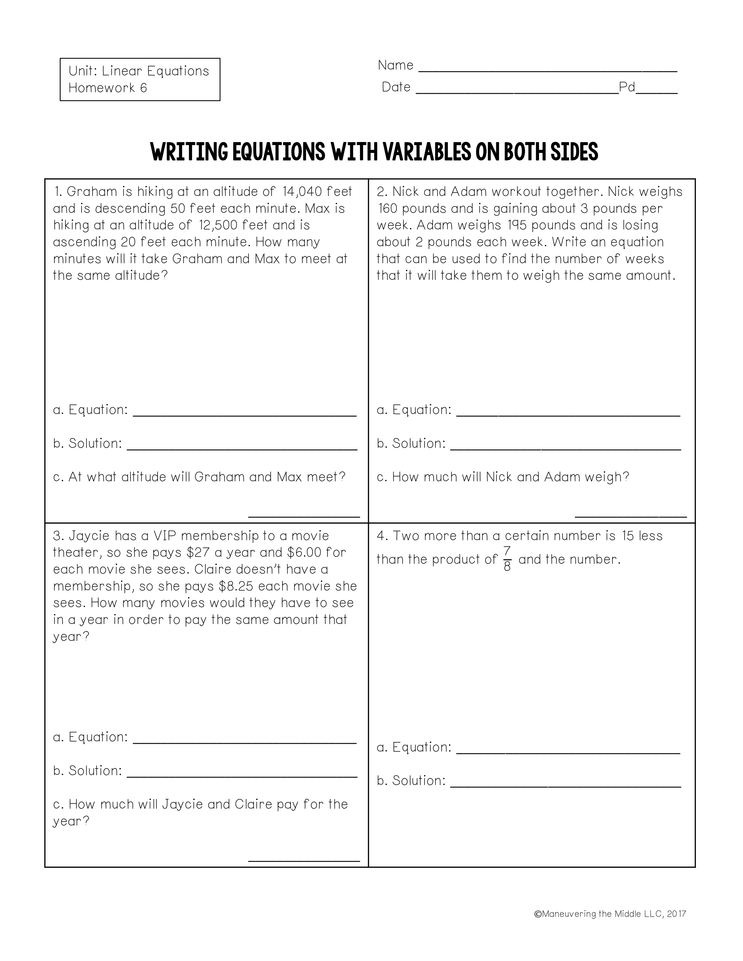 Lesson 1 4 Practice Writing Equations With Variables On Both Sides