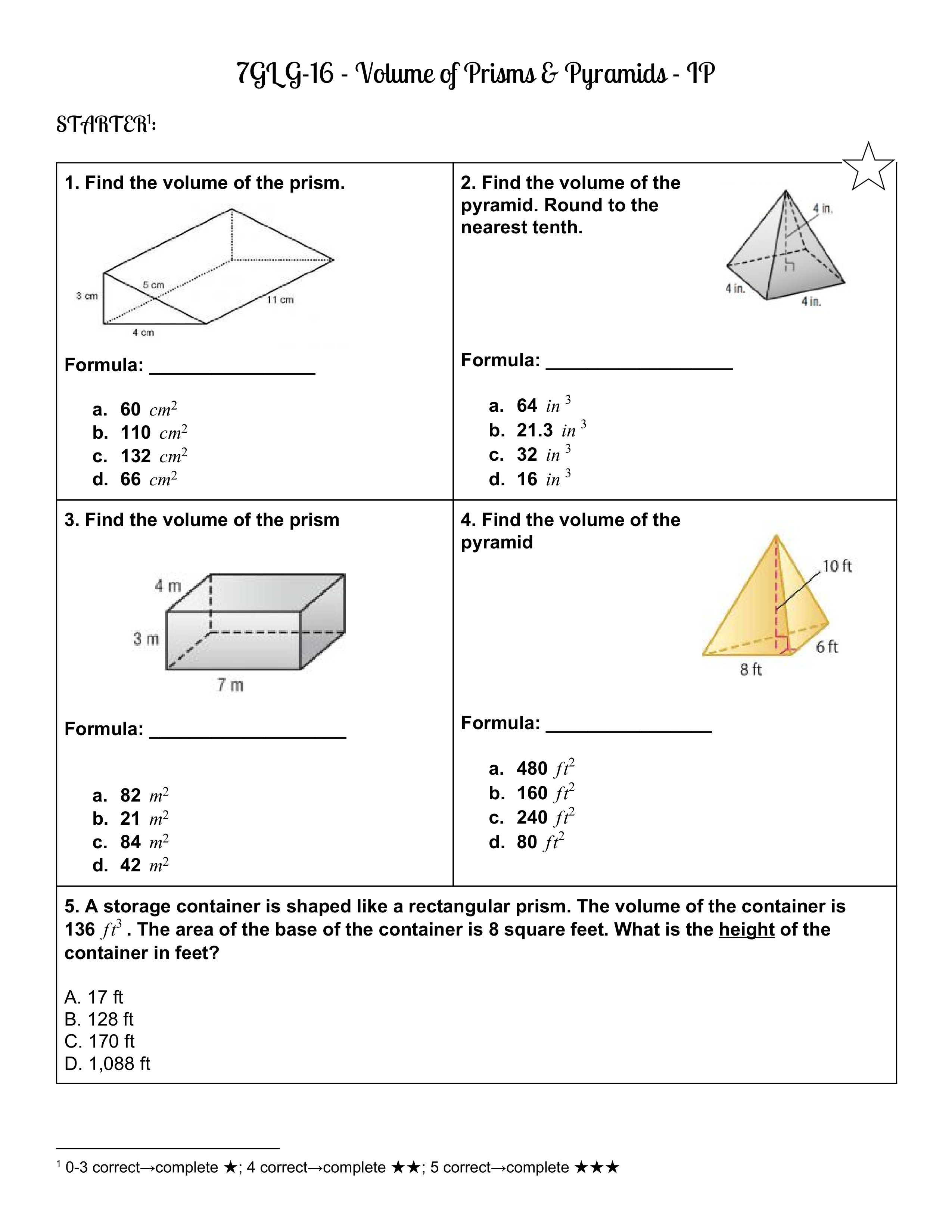 Volume Of Prisms And Pyramids Starter And Level 1 2 3 Practices