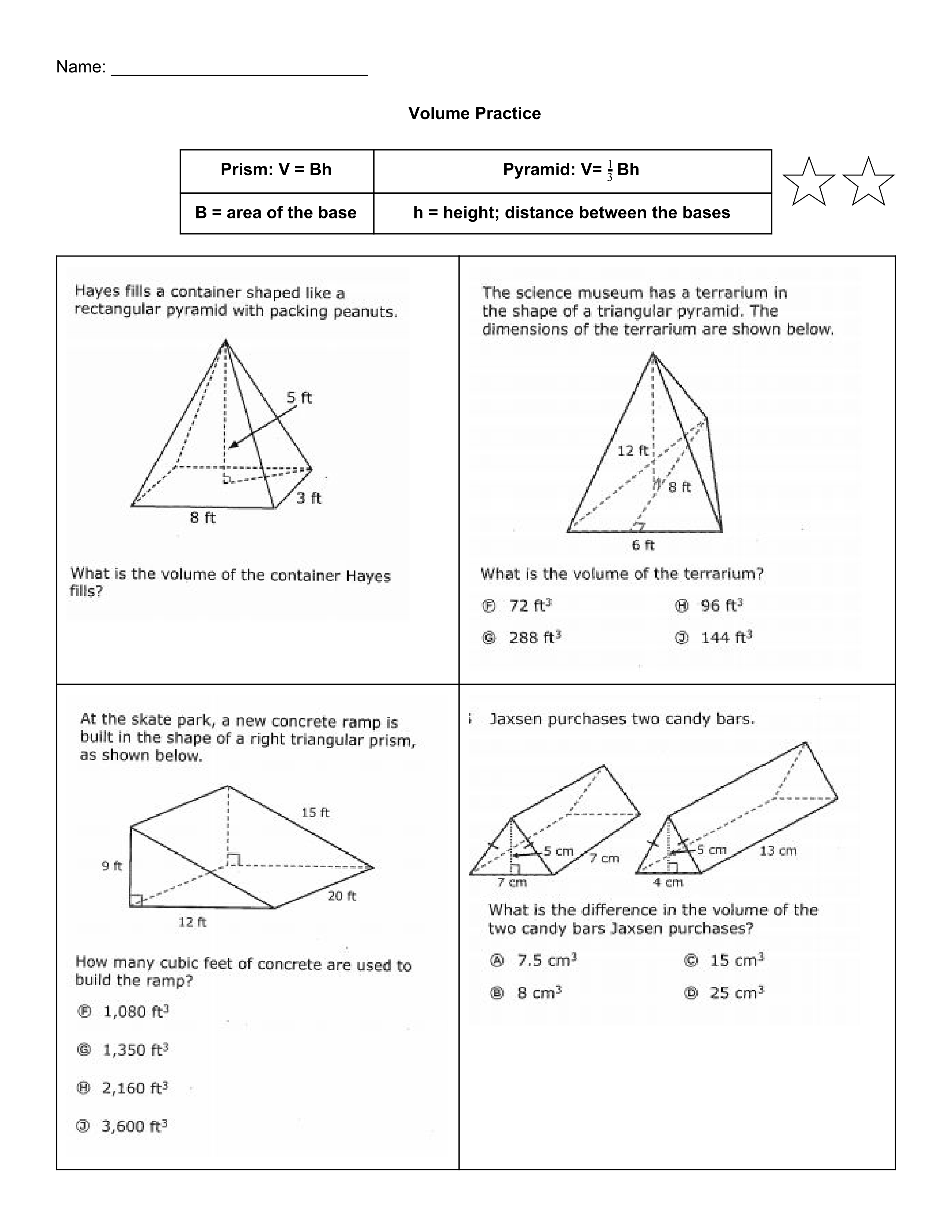 Volume Of Prisms And Pyramids Starter And Level 1 2 3 Practices