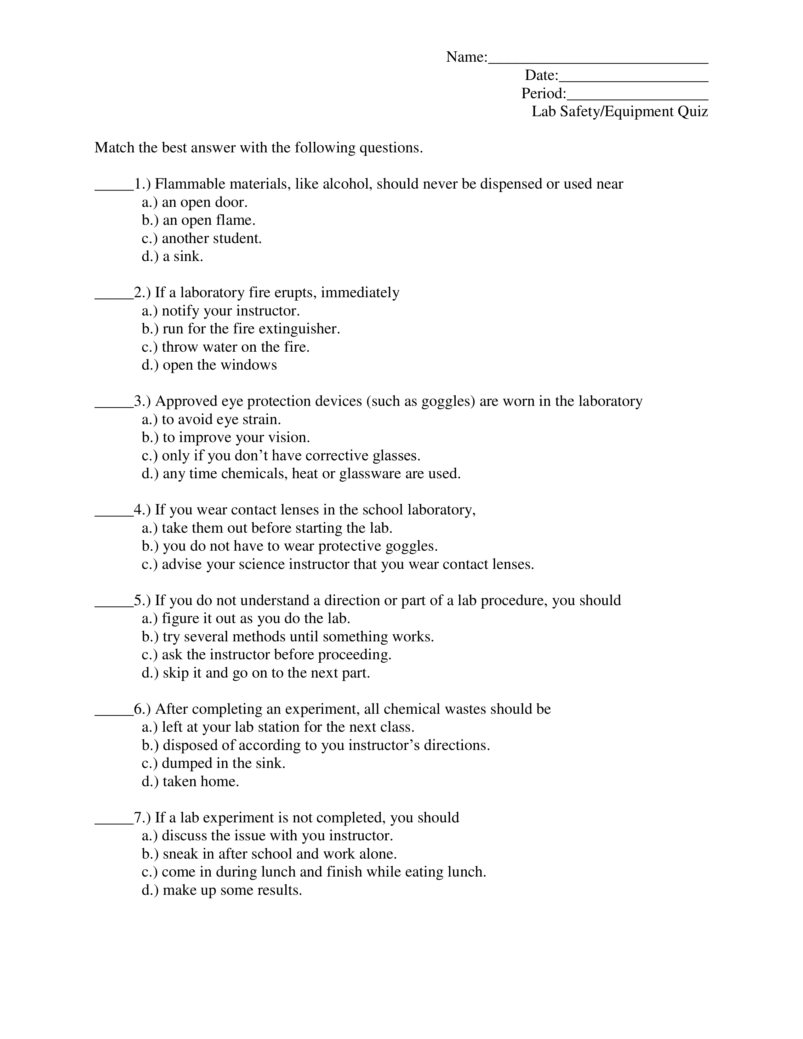 Lab Safety/Equipment Quiz Teresa Bankston Library Formative