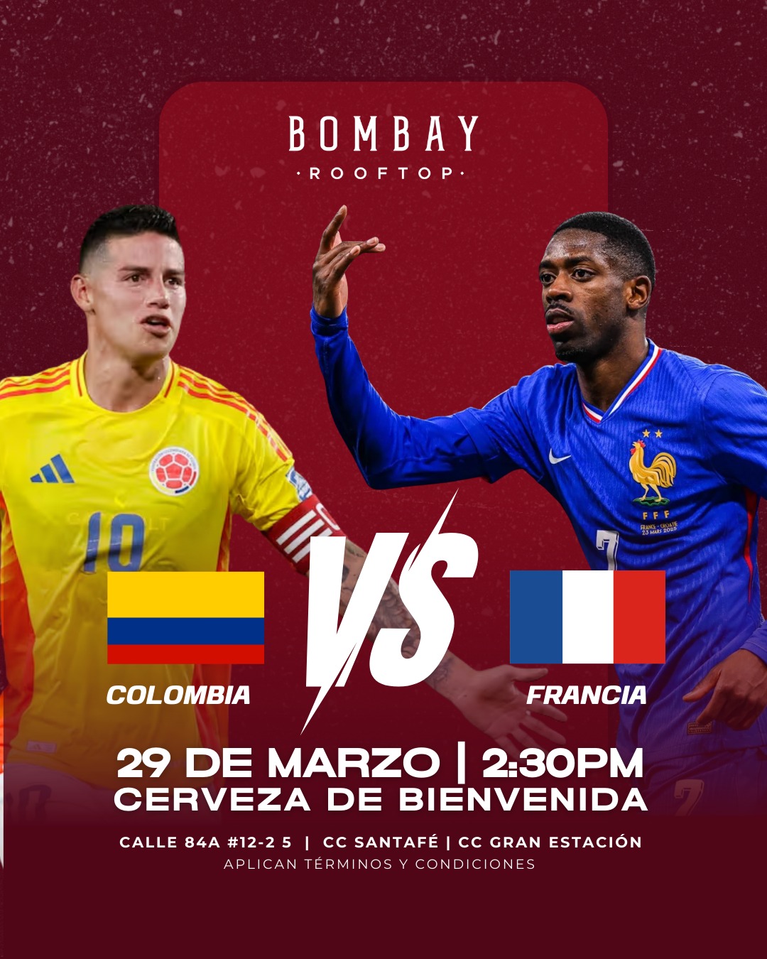 Colombia vs Francia en Bombay Rooftop + cerveza de bienvenida