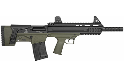 American Tactical Bulldog, Semi-automatic Shotgun, Bullpup, 12 Gauge 3 Chamber, 18.5 Barrel, Matte Finish, Olive Drab Green and Black, Open Iron Sights, AR Style Charging Handle, 3-Piece Choke Tube Set, Adjustable Cheek Rest, Picatinny and M-LOK Rail