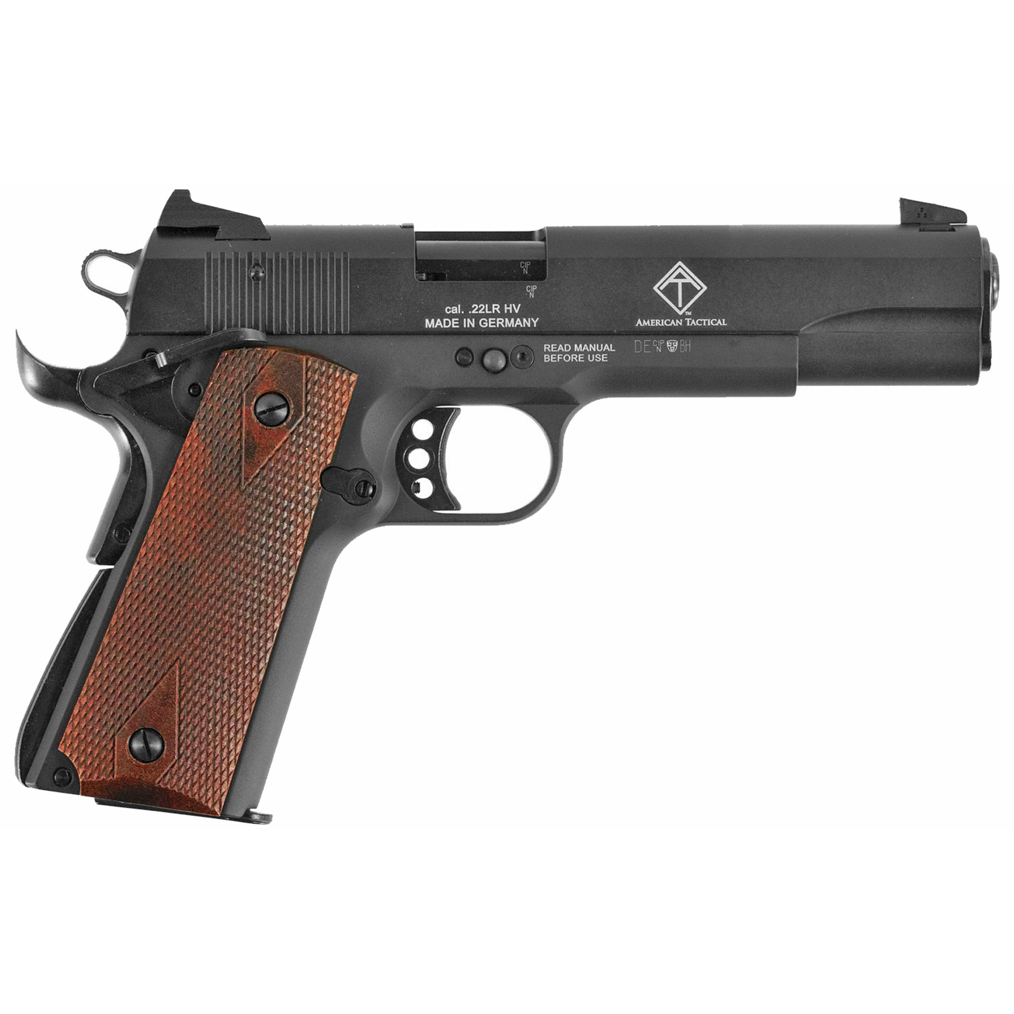 American Tactical M1911, Single Action, Semi-automatic, Metal Frame Pistol, Full Size, 22LR, 5 Barrel, Threaded M9x.75mm, Alloy, Blued Finish, Wood Grips, 10 Rounds, 1 Magazine GERG2210M1911