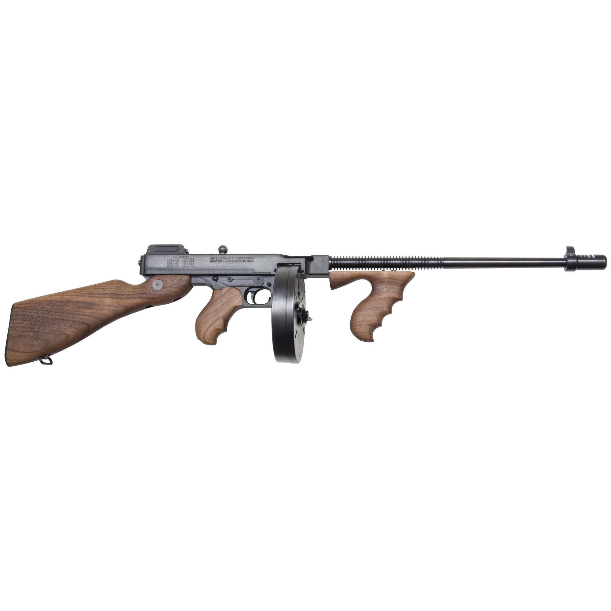 Auto Ordnance 1927A1 Deluxe, Semi-automatic Rifle, 45ACP, 18 Barrel, Blued Finish, Black, Walnut Stock, Adjustable Sights, 100 Rounds, 1 Drum Magazine, Carry Case T1100D