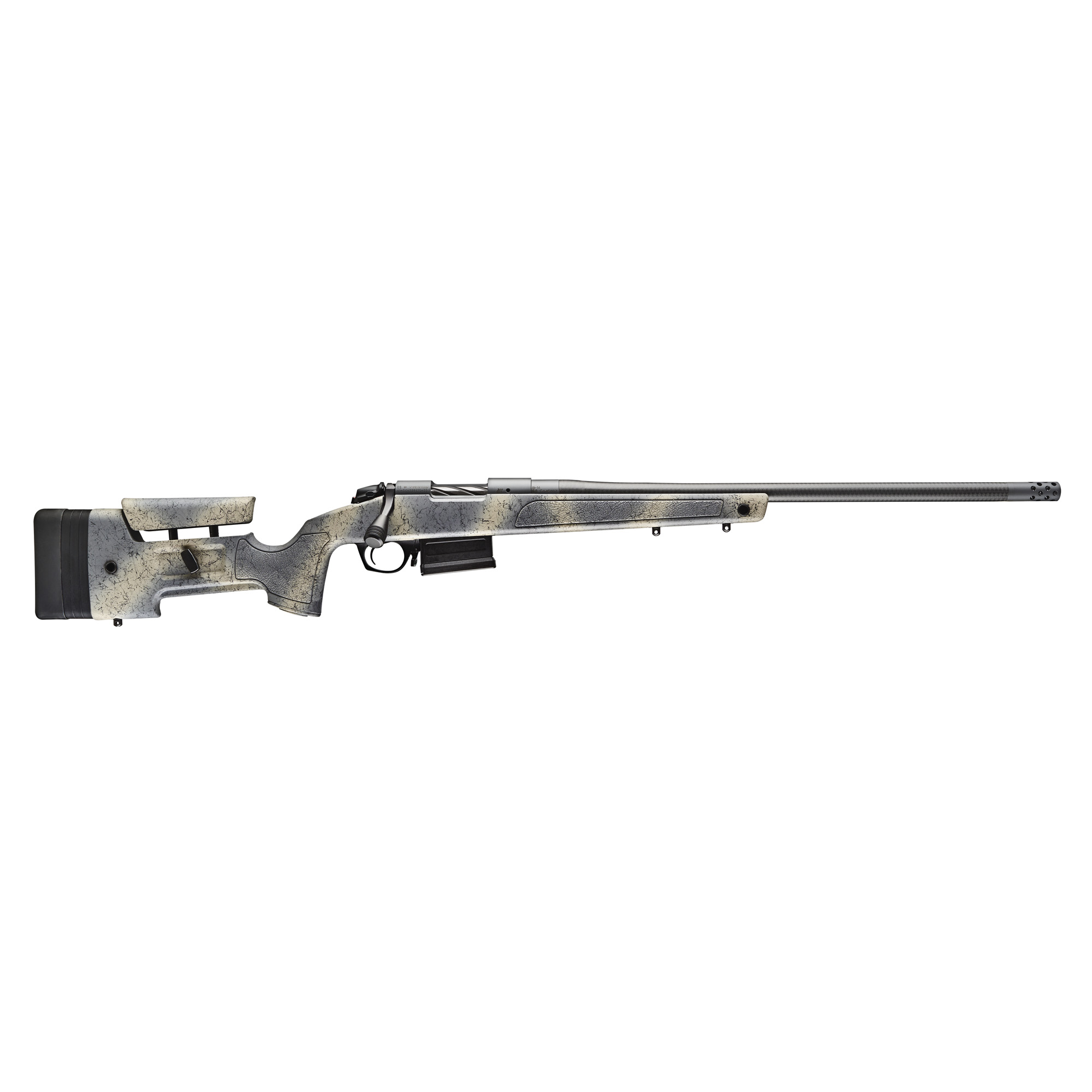 Bergara B-14 Series HMR Carbon Wilderness, Bolt Action Rifle, 7MM PRC, 24 Carbon Fiber Barrel, Threaded 5/8x24, Fluted Bolt, Omni Muzzle Brake, Cerakote Finish, Black, Overmolded Mini-Chassis Stock, 5 Rounds, 1  AICS Style Detachable Magazine, Right
