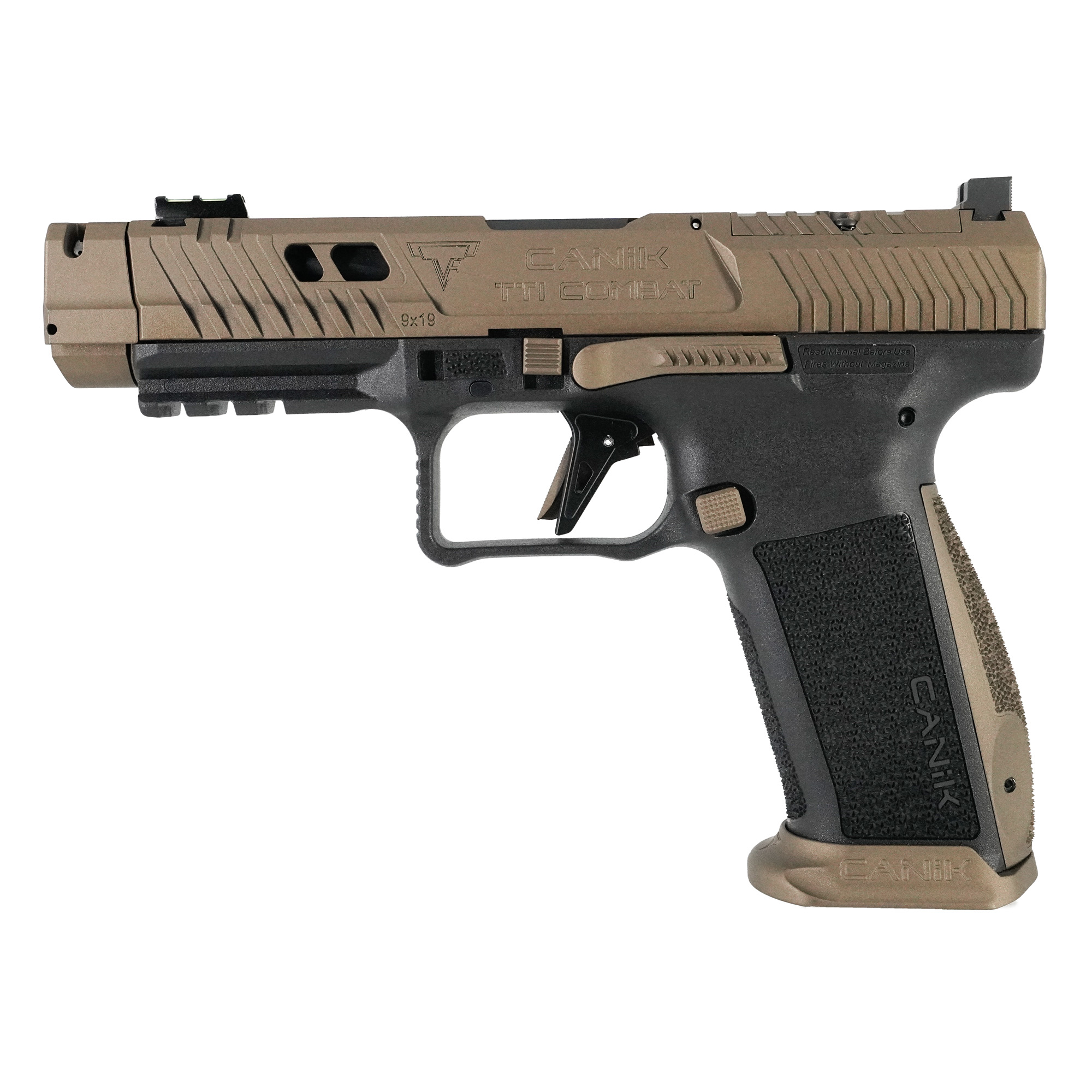 CANIK TTI Combat, Striker Fired, Semi-automatic, Polymer Framed Pistol, Full Size, 9MM, 4.6 Ported and Fluted Barrel, Canik Compensator, Matte Finish, TTI Bronze, Adjustable Rear Sight, Fiber Optic Front Sight, 18 Rounds, 2 Magazines HG7854-N