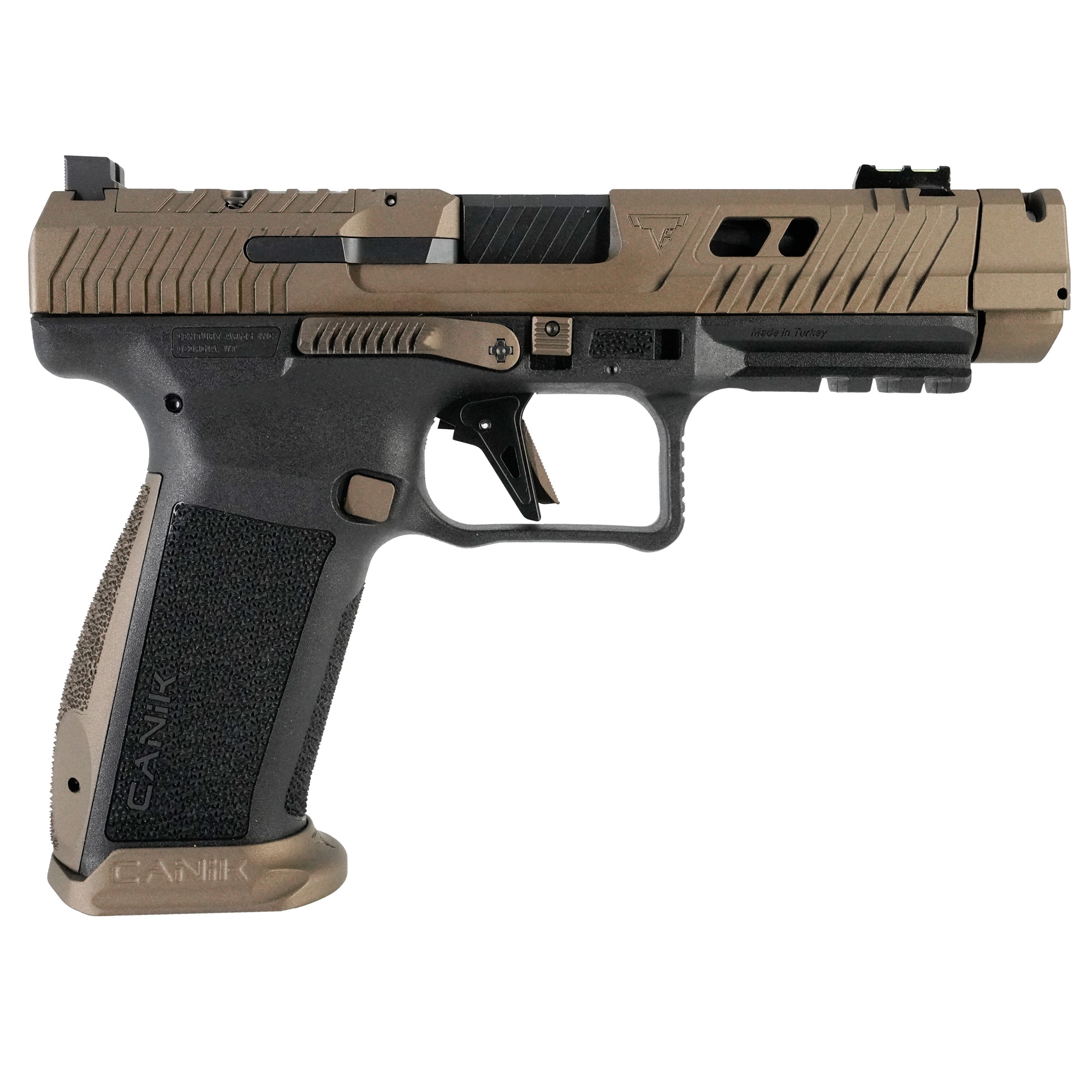 CANIK TTI Combat, Striker Fired, Semi-automatic, Polymer Framed Pistol, Full Size, 9MM, 4.6 Ported and Fluted Barrel, Canik Compensator, Matte Finish, TTI Bronze, Adjustable Rear Sight, Fiber Optic Front Sight, 18 Rounds, 2 Magazines HG7854-N