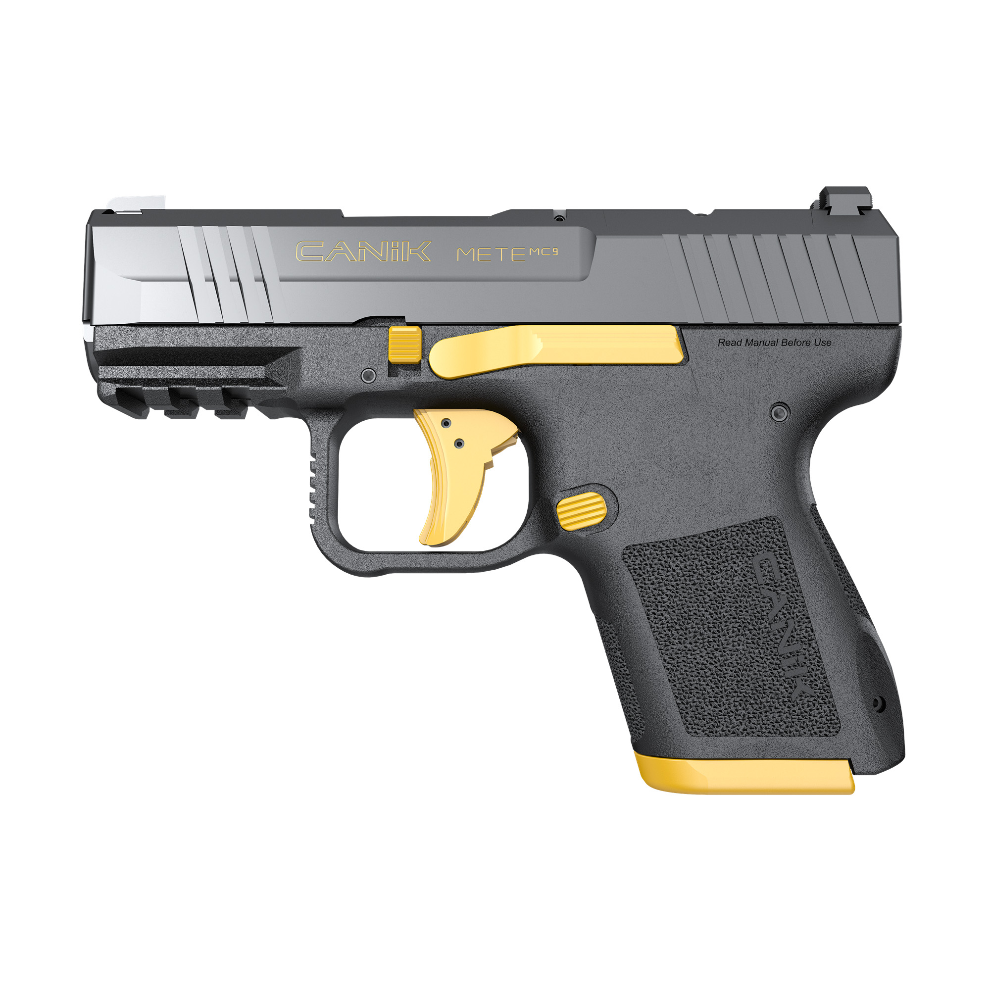 CANIK METE MC9, Semi-automatic, Striker Fired, Polymer Frame Pistol, Micro Compact, 9MM, 3.18 Barrel, Matte Finish, Black With Gold Accents, Optic Ready, 2 Magazines, (1)-12 Round, (1)-15 Round, Includes 3 Grip Back Straps, Magazine Loader, Custome H