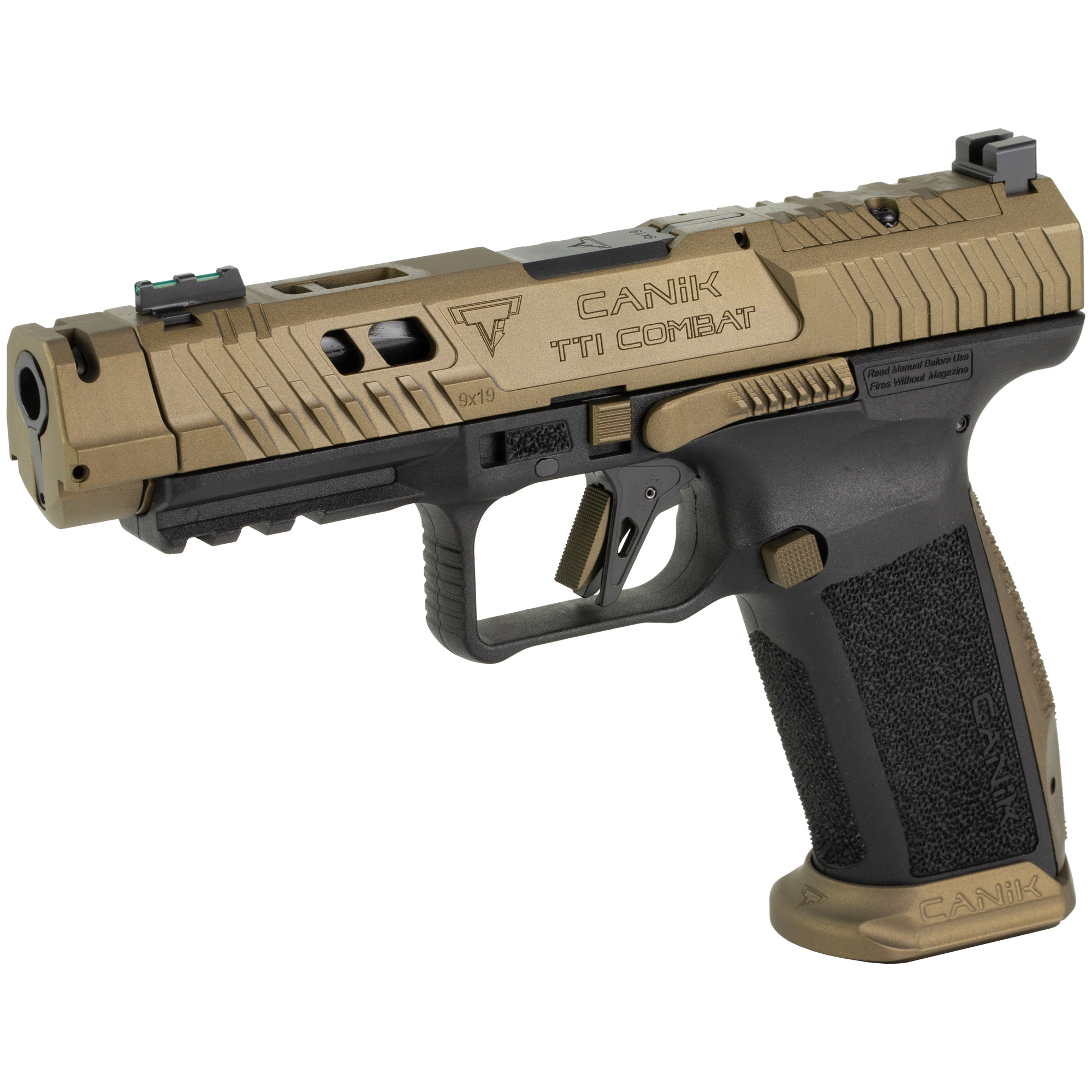 CANIK TTI Combat, Striker Fired, Semi-automatic, Polymer Framed Pistol, Full Size, 9MM, 4.6 Ported and Fluted Barrel, Canik Compensator, Matte Finish, TTI Bronze, Adjustable Rear Sight, Fiber Optic Front Sight, 18 Rounds, 2 Magazines, MeCanik MO3 Opt