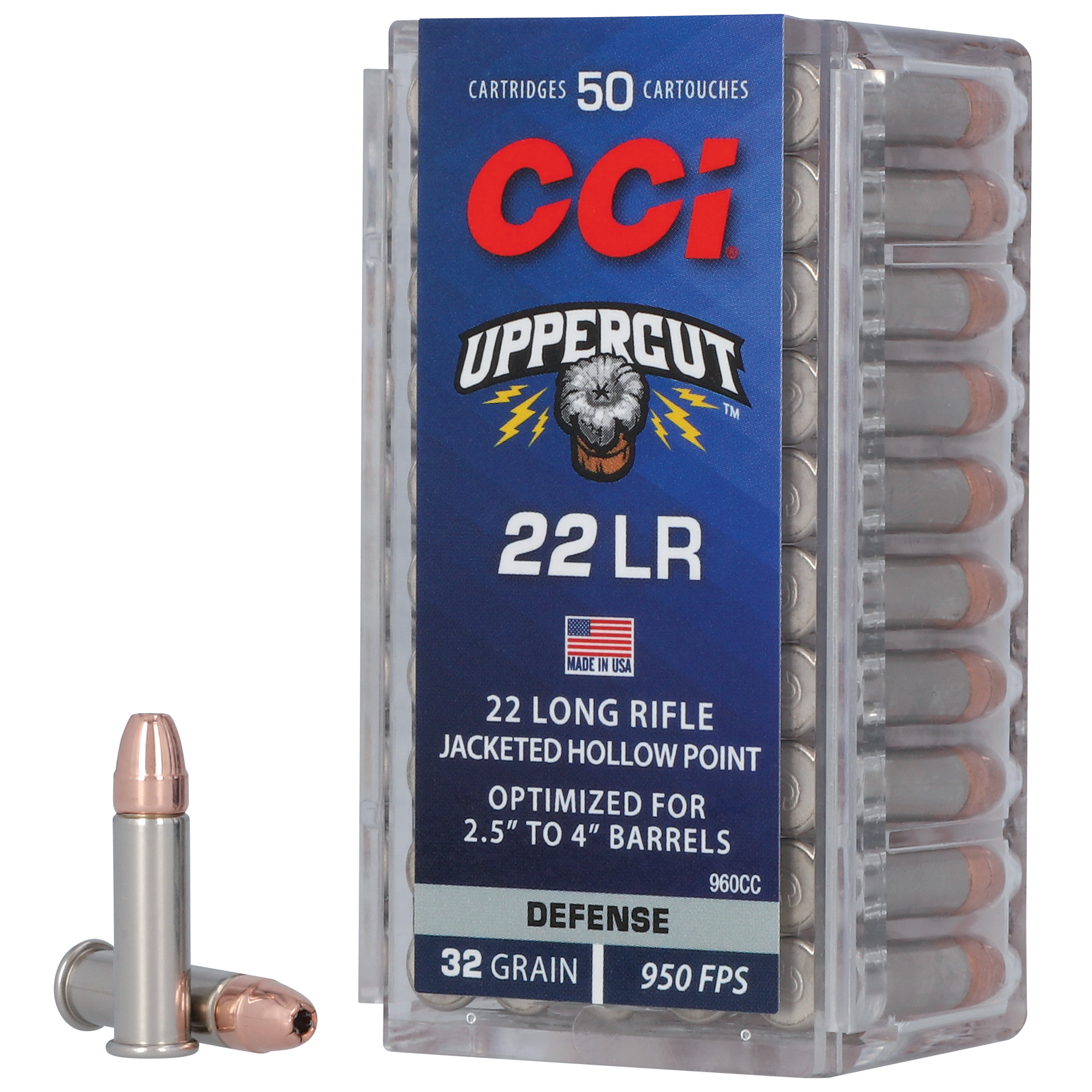 CCI Ammunition Uppercut, 22 Long Rifle, 32 Grain, Copper Plated Hollow Point, 50 Round Box 960CC
