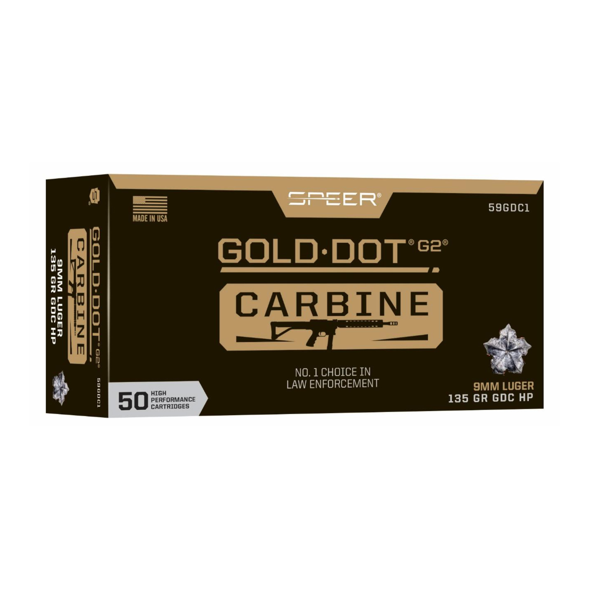 Speer Ammunition Speer Gold Dot Carbine, 9MM, 135 Grain, Gold Dot Hollow Point, 50 Round Box 59GDC1