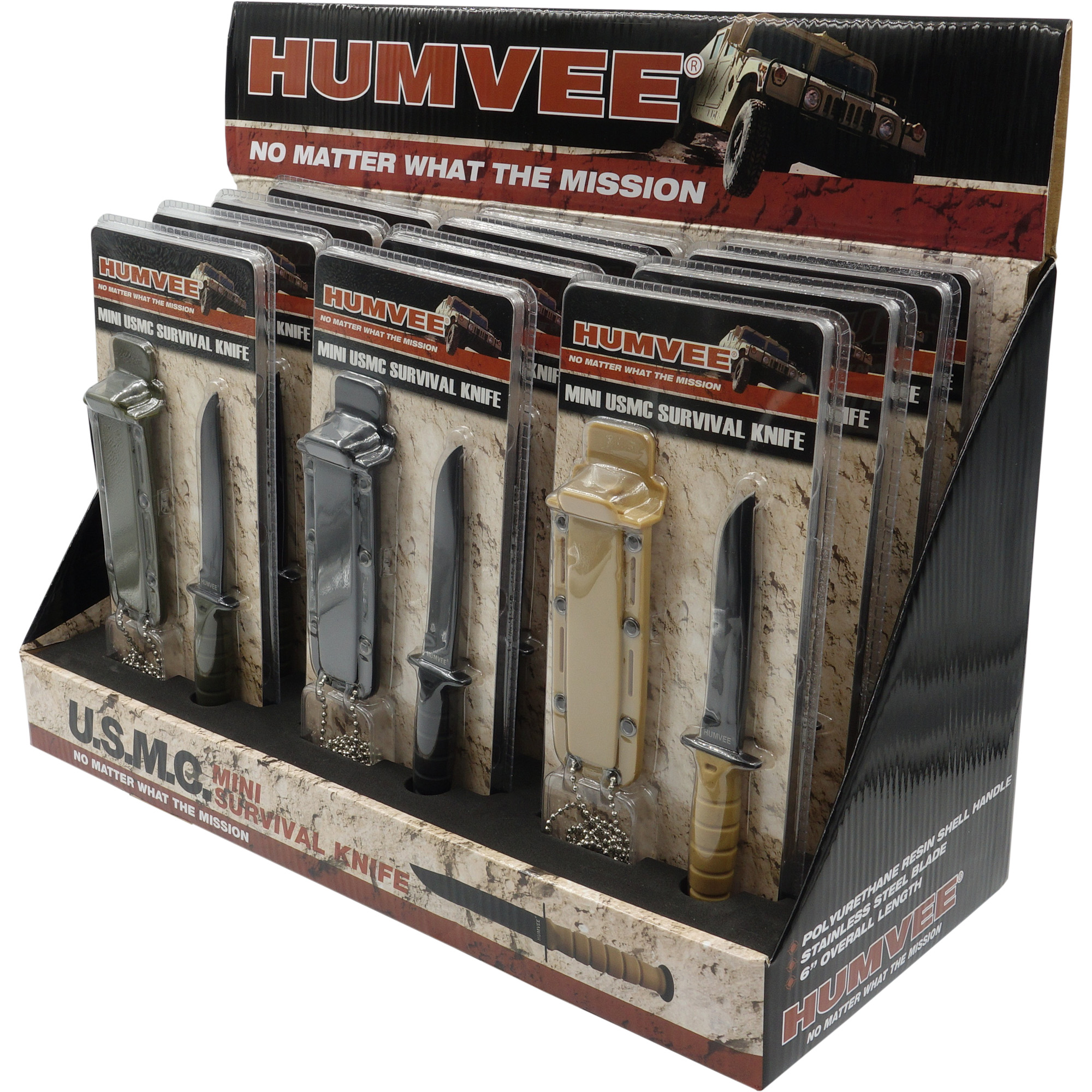 Caliber Gourmet Humvee Neck Knife Display, 12 Piece, Black/Khaki/Green HMV-DB-USMC