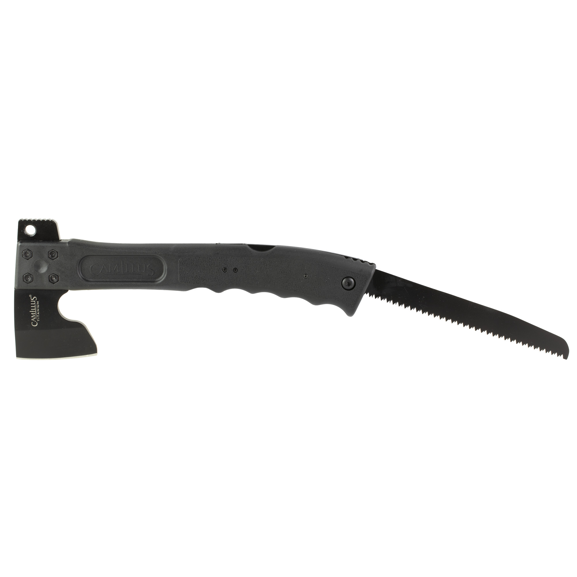 Camillus Camtrax, 3 in 1, Axe/Hammer/Saw, Matte Finish, Black, 12 Overall Length, 7 Saw Blade, Fiberglass Reinforced Nylon Handle, Includes Molded Sheath CAM-19142