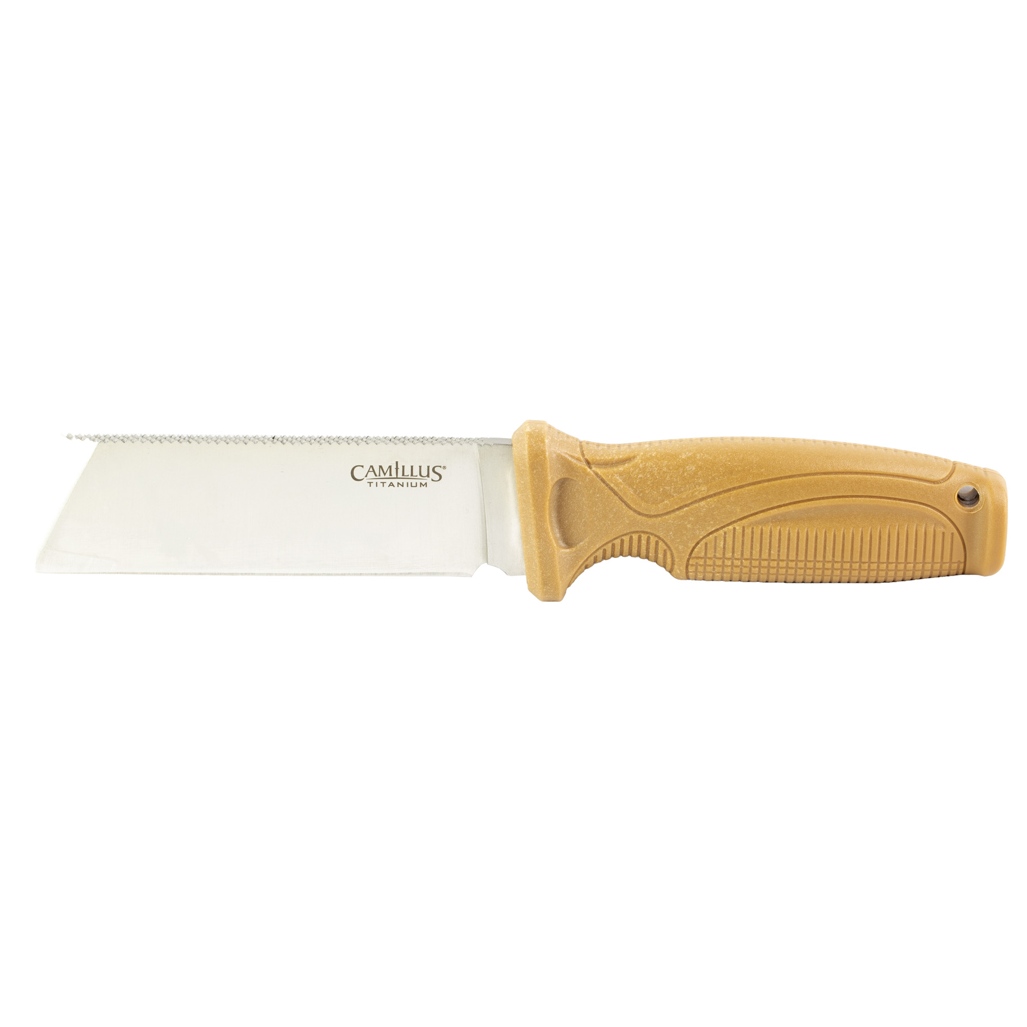 Camillus Swedge, Fixed Blade Knife, Plain Edge, Tan ABS Handle, Satin Finish, Silver, Chisel Point, 4.3 Blade Length, 8.5 Overall Length, 420 Stainless Steel Blade, Includes Polymer Sheath CAM-19627