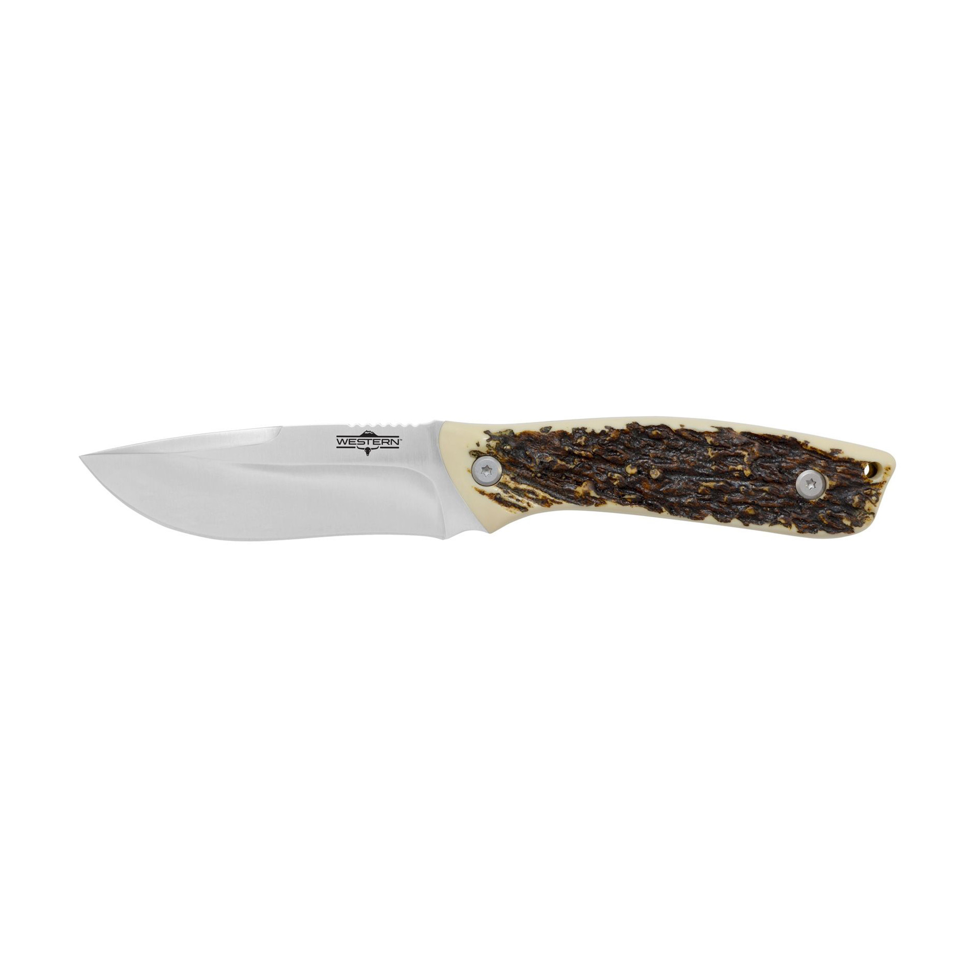 Camillus Western Crosstrail, Fixed Blade Knife, Plain Edge, Faux Stag Handle, Satin Finish, Silver Blade, 4.25 Blade Length, 9 Overall Length, 420 Stainless Steel Blade, Includes Nylon Sheath CAM-19246