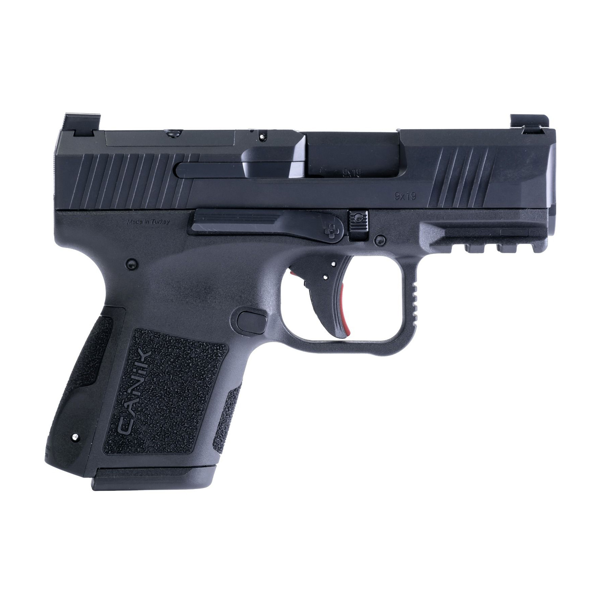CANIK METE MC9, Semi-automatic, Striker Fired, Polymer Frame Pistol, Micro Compact, 9MM, 3.18 Barrel, Matte Finish, Black, Optic Ready, 10 Rounds, 2 Magazines, Includes 3 Grip Back Straps, Magazine Loader, Custome Holster, Canik Punch and Tool Kit, C