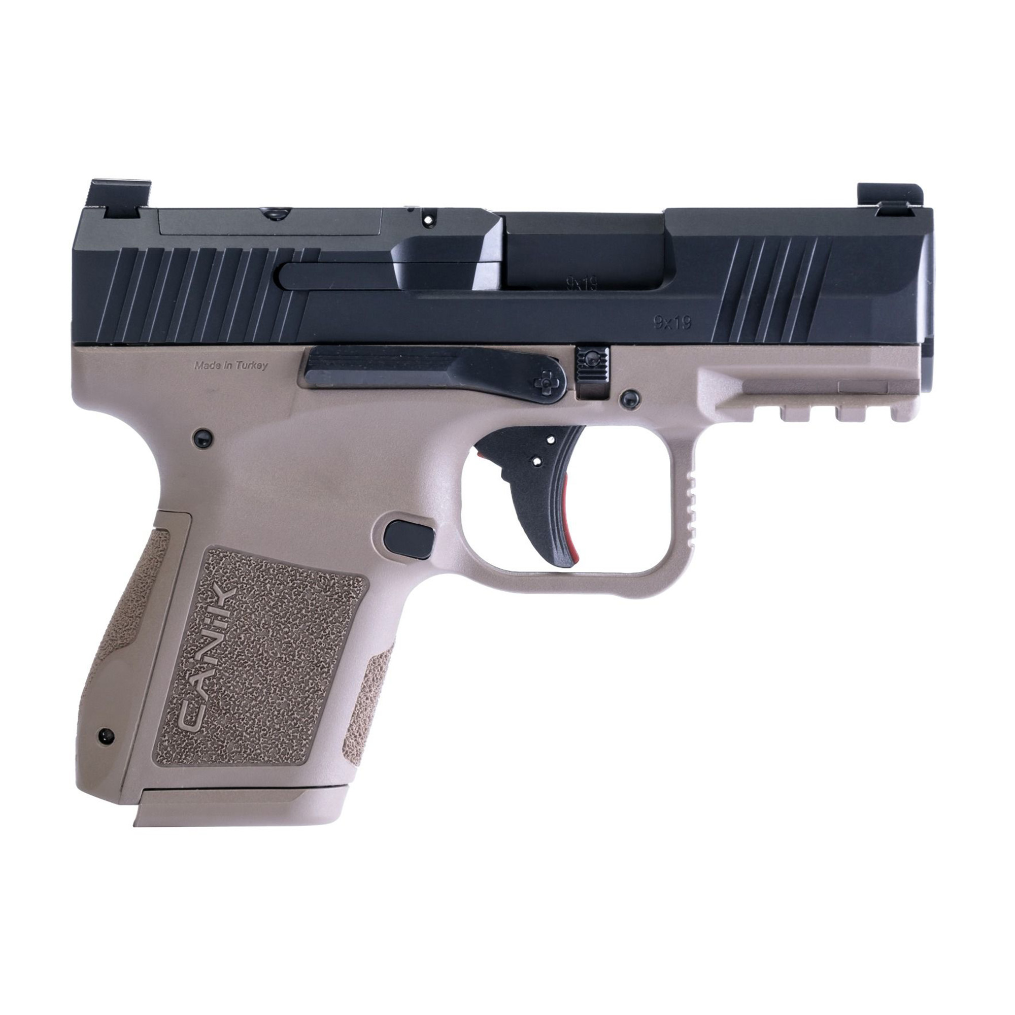 CANIK METE MC9, Semi-automatic, Striker Fired, Polymer Frame Pistol, Micro Compact, 9MM, 3.18 Barrel, Matte Finish, Black Slide, Flat Dark Earth Frame, Optic Ready, 2 Magazines, (1)-12 Round, (1)-15 Round, Includes 3 Grip Back Straps, Magazine Loader