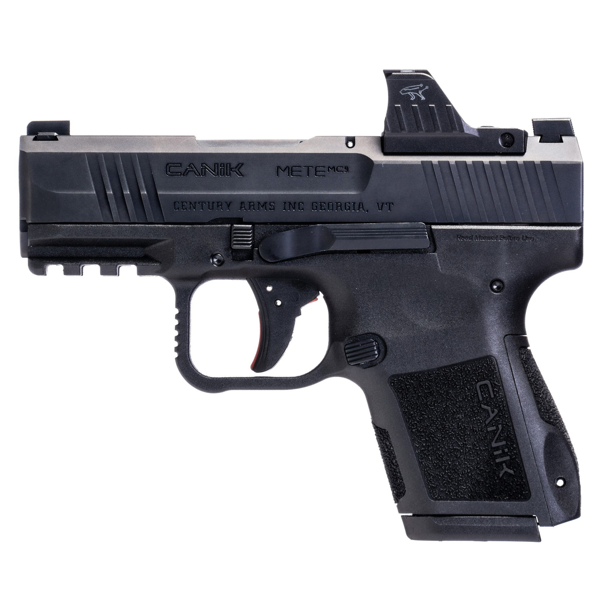 CANIK METE MC9, Semi-automatic, Striker Fired, Polymer Frame Pistol, Micro Compact, 9MM, 3.18 Barrel, Matte Finish, Black, Optic Ready, 2 Magazines, (1)-12 Round, (1)-15 Round, Includes MeCanik MO1 Red Dot, 3 Grip Back Straps, Magazine Loader, Custom