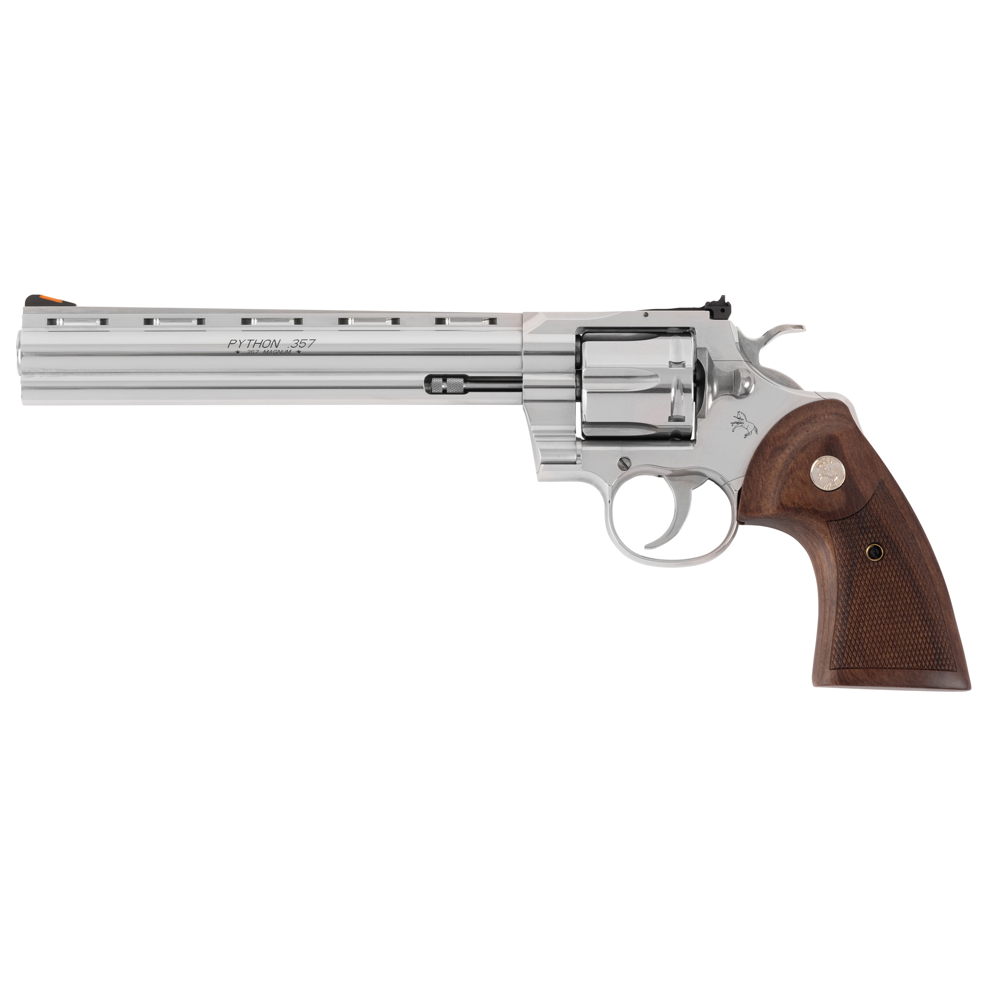 Colt's Manufacturing Python, Double Action, Steel Frame Revolver, 357 Magnum/38 Special, 8 Barrel, Stainless Steel, Silver, Walnut Grips, Blade Front/Adjustable Rear Sights, 6 Rounds PYTHON-SP8WTS