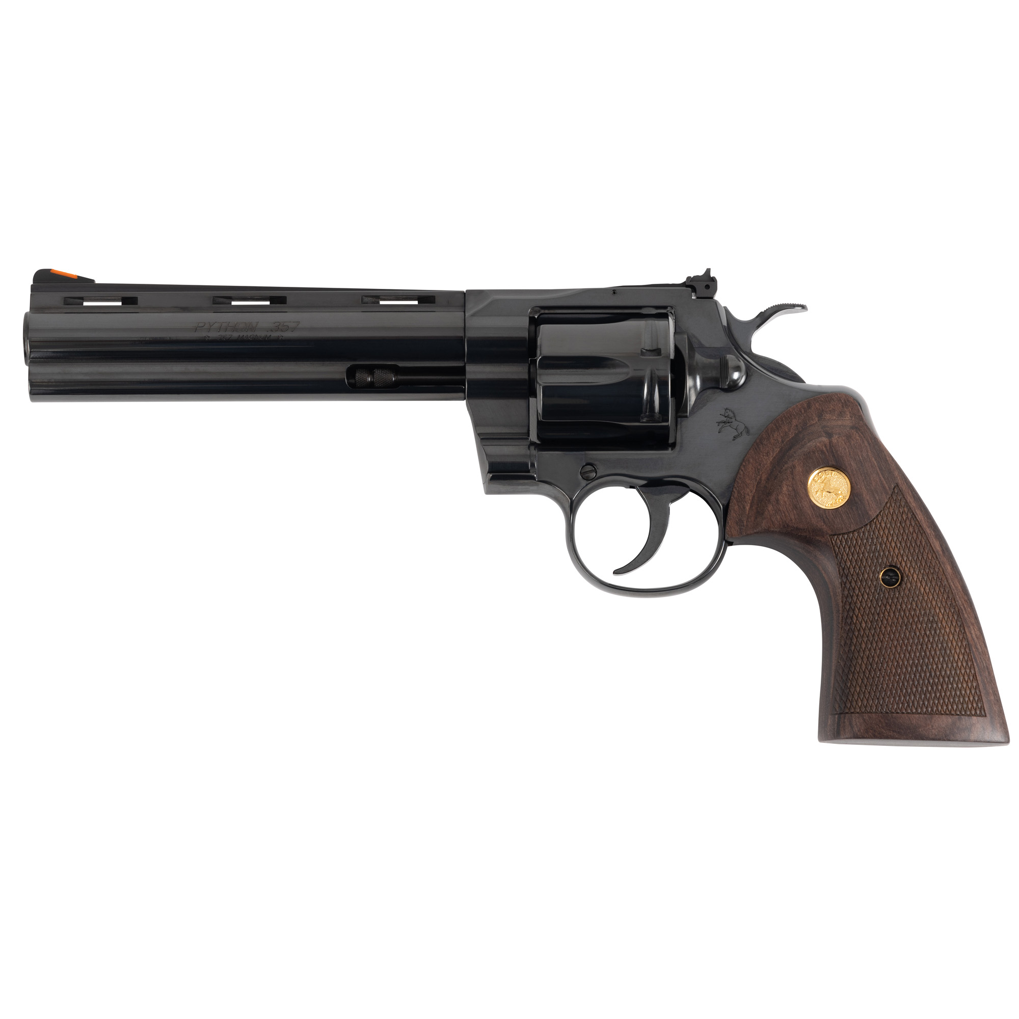 Colt's Manufacturing Python, Revolver, Double Action/Single Action, 357 Magnum, 6 Barrel, Steel, Blue Finish, Walnut Grips, Red Ramp Front/Adjustable Rear Sight, 6 Rounds PYTHON-BP6WTS
