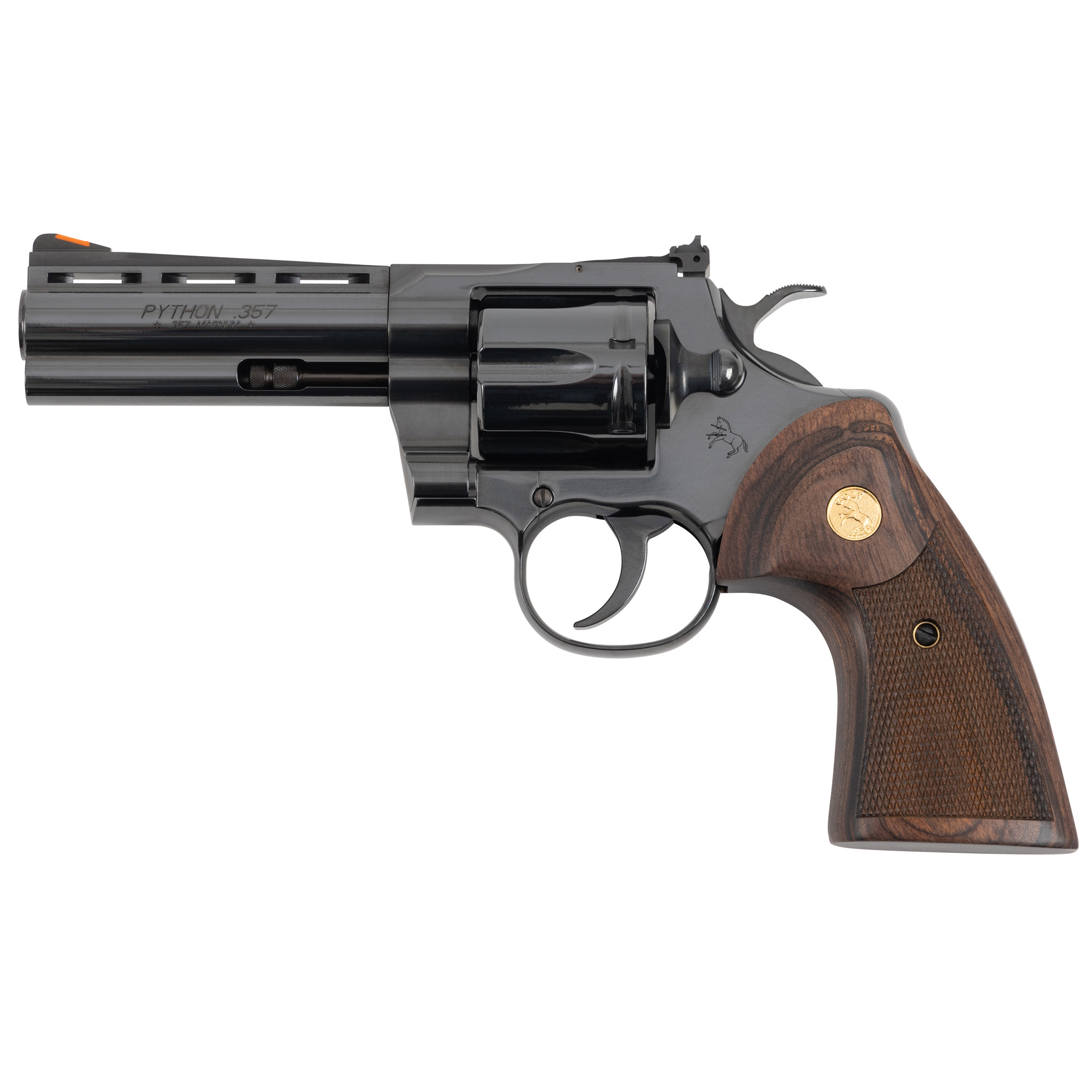 Colt's Manufacturing Python, Revolver, Double Action/Single Action, 357 Magnum, 4.25 Barrel, Steel, Blue Finish, Walnut Grips, Red Ramp Front/Adjustable Rear Sight, 6 Rounds PYTHON-BP4WTS
