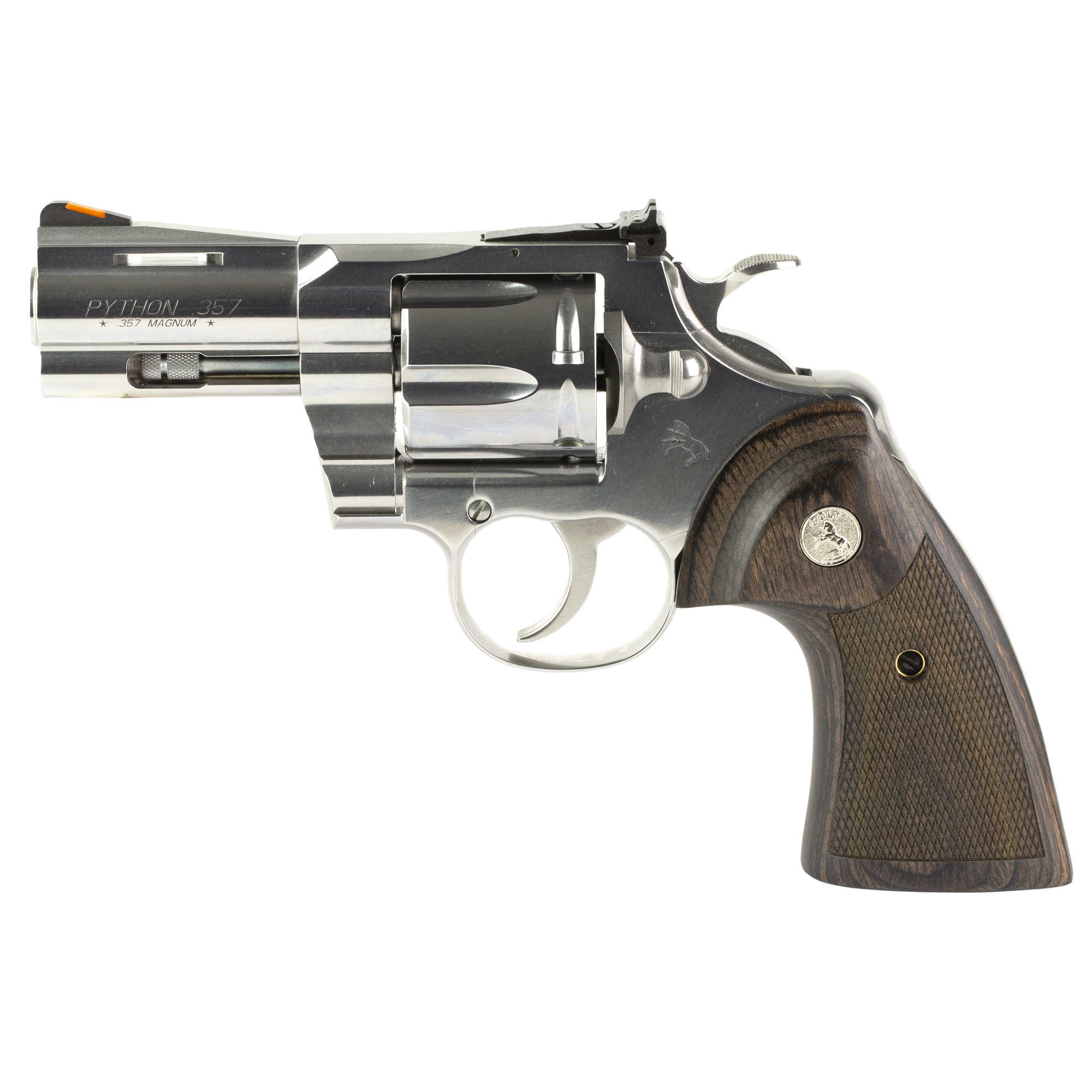 Colt's Manufacturing Python, Double Action, Steel Frame Revolver, 357 Magnum, 3 Barrel, Stainless Steel Finish, Silver, Walnut Target Grips, Blade Front/Adjustable Rear Sights, 6 Rounds PYTHON-SP3WTS