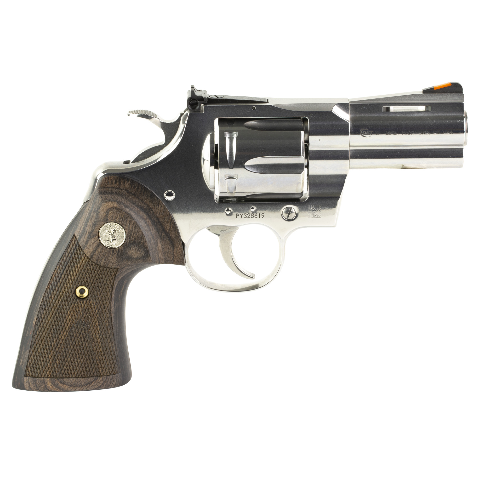 Colt's Manufacturing Python, Double Action, Steel Frame Revolver, 357 Magnum, 3 Barrel, Stainless Steel Finish, Silver, Walnut Target Grips, Blade Front/Adjustable Rear Sights, 6 Rounds PYTHON-SP3WTS