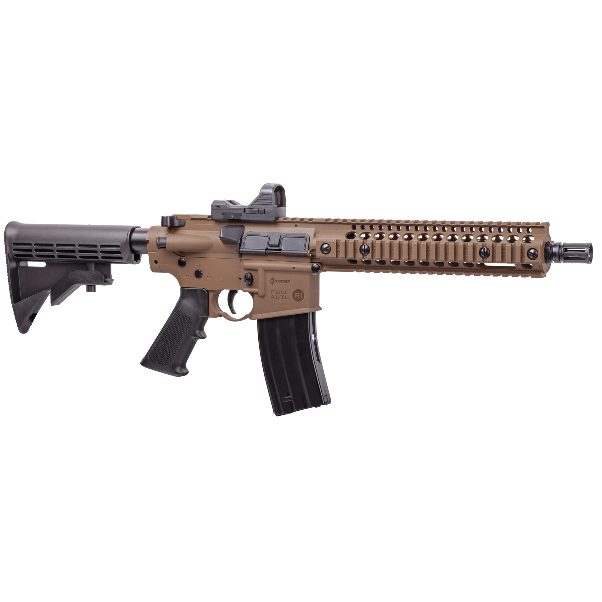 Crosman Full Auto R1 CO2 Rifle 430 Feet Per Second, 10.5 Barrel, Synthetic Stock, AR Compatible Buffer Tube and Pistol Grip, Blowback Action, Realistic Weight and Functions, 25Rd, Flat Dark Earth CFAR1X