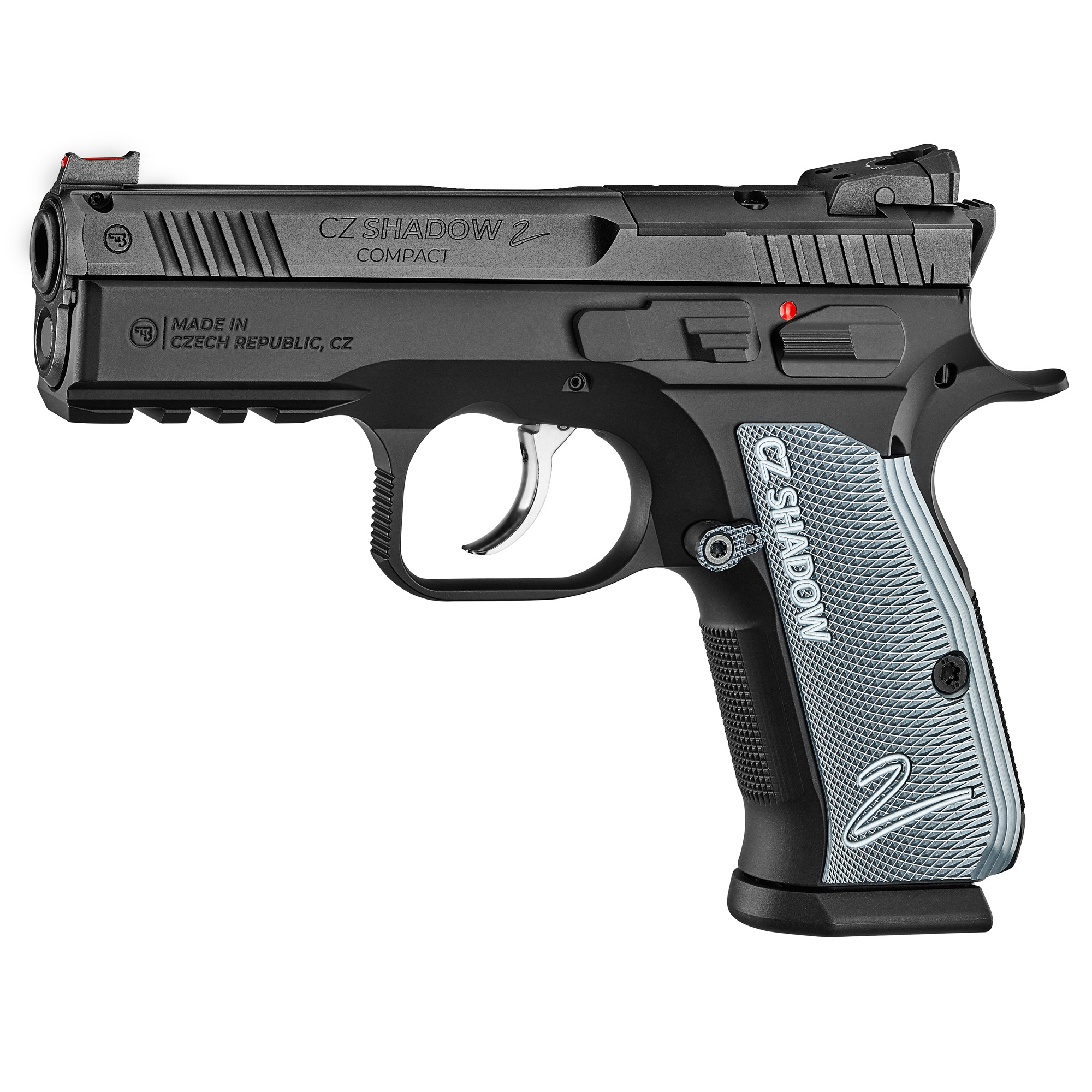 CZ Shadow 2 Compact, Double Action/Single Action, Semi-automatic, Metal Frame Pistol, 9MM, Matte Finish, Black, Aluminum Grips, Manual Safety, Optics Cut Slide, Red Fiber Optic Front Sight/ Adjustable Rear, 15 Rounds, 2 Magazines 91252