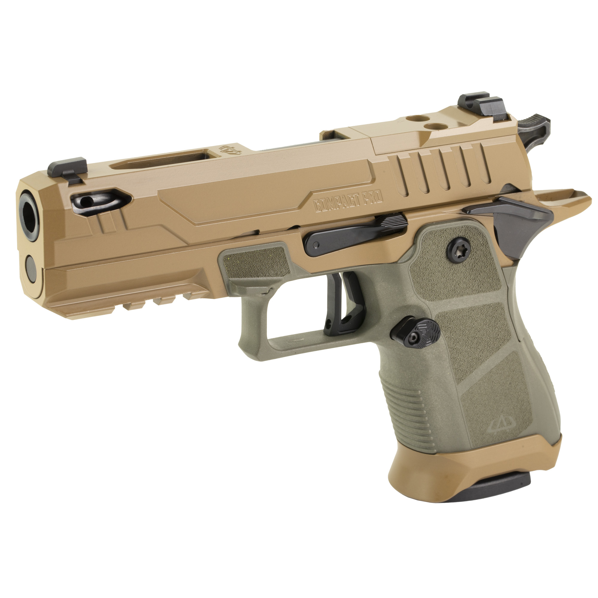 OA Defense 2311 Compact Pro, Single Action, Semi-automatic, Metal Frame Pistol, Compact, 9MM, 4.25 Ported Barrel, Matte Finish, High Desert, Sage Grip, Extended Magazine Release, Enhanced Trigger, Tritium Night Sights, Optics Ready, 15 Rounds, 5 Maga