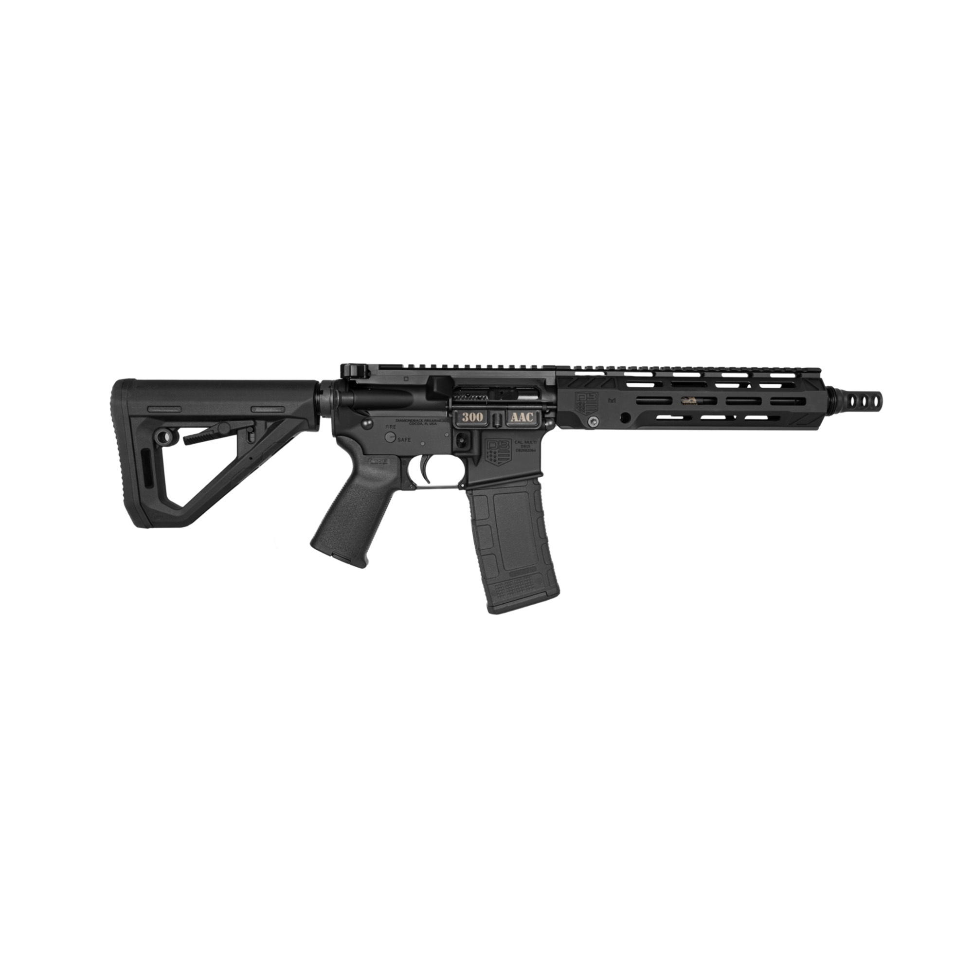 Diamondback Firearms DB15, Semi-automatic, SBR, 556NATO, 10 Threaded Barrel, SilencerCo ASR 1/2x28 Muzzle Break, Carbine Length Gas System, Superlative Adjustable Gas Block, Anodized Finish, Black, Magpul DT Carbine Stock, 30 Rounds, 1 Magazine DB238