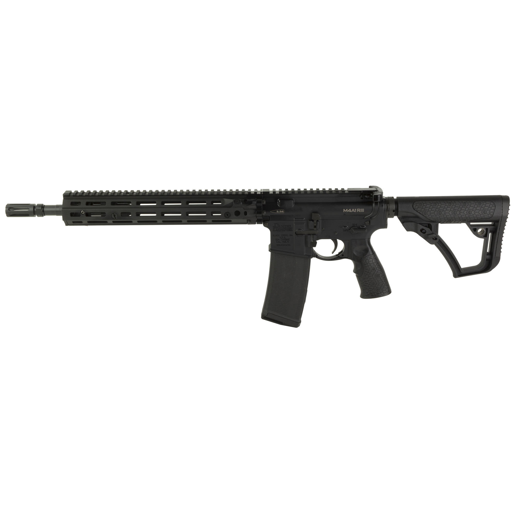 Daniel Defense M4A1 RIII, Semi-automatic Rifle, AR, 223 Remington/556NATO, 14.5 Pinned Flash Suppressor (16 OAL) Cold Hammer Forged Barrel, Anodized Finish, Black, Daniel Defense Grip, Black Daniel Defense 12.5 RIS III M-LOK Rail, Daniel Defense Stoc