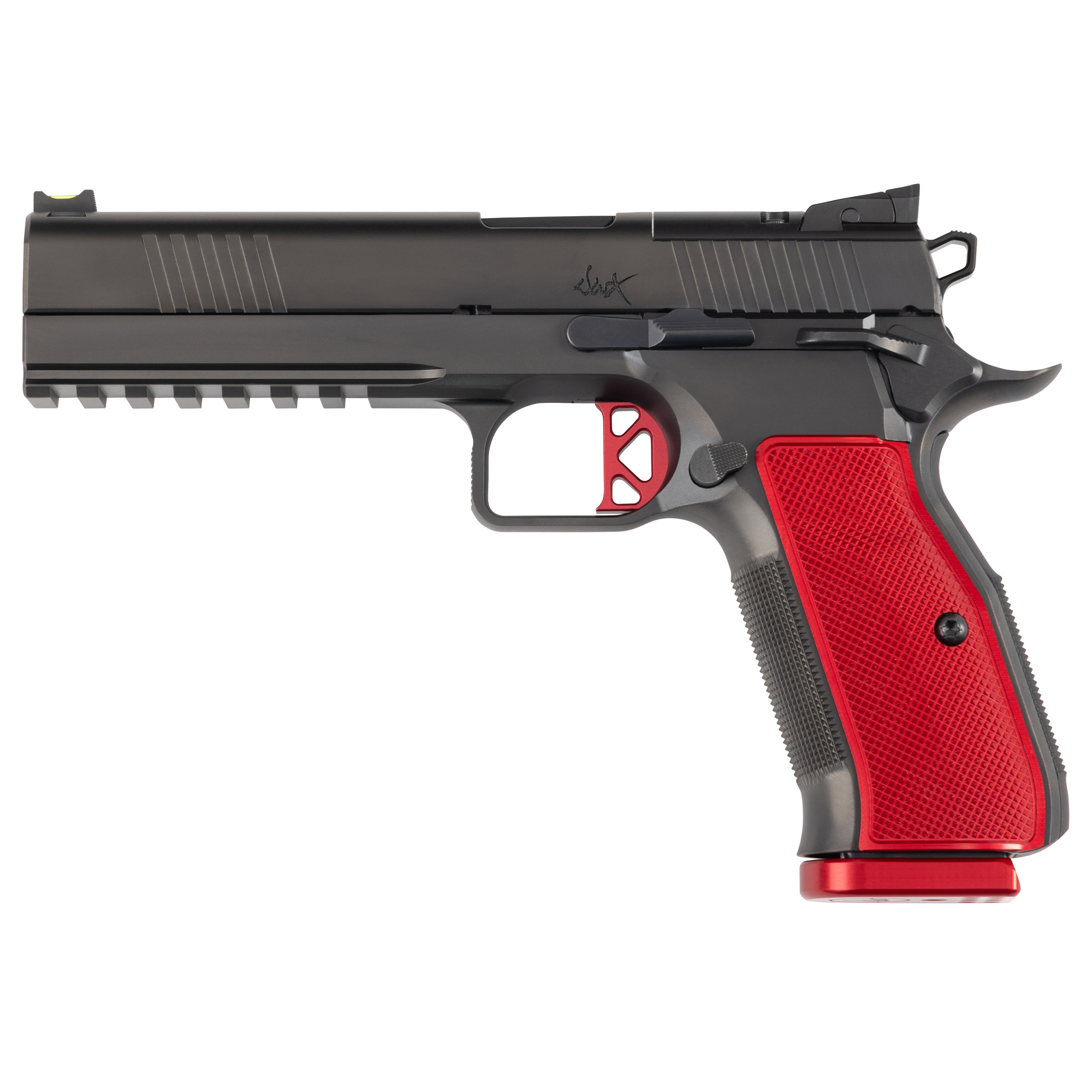 Dan Wesson DWX, Single Action Only, Semi-automatic, Metal Frame Pistol, Full Size, 9MM, 4.95 Match Grade Barrel, DLC Finish, Black, Aluminum Grips, Red, Optics Ready Slide, Ambidextrous Safety, Fiber Front & Adjustable Rear Sights, Flat K Style Trigg