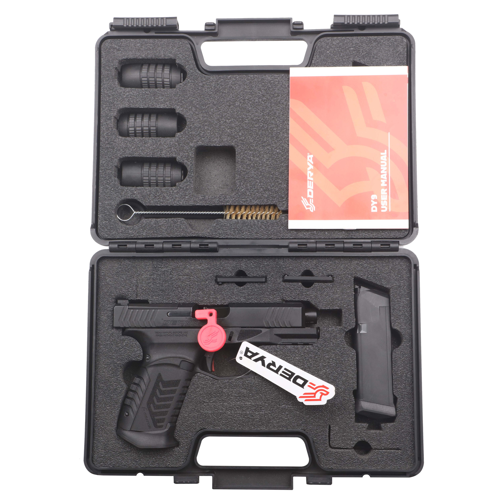 Derya DY9, Striker Fired, Semi-automatic, Polymer Frame Pistol, Full Size, 9MM, 3.86 Barrel, Melonite Finish, Black, Truglo Fiber Optic Front and Rear Sights, Optics Ready Slide, Glock Magazine Compatible, 15 Rounds, 1 Magazine, Includes (2) Optic Pl