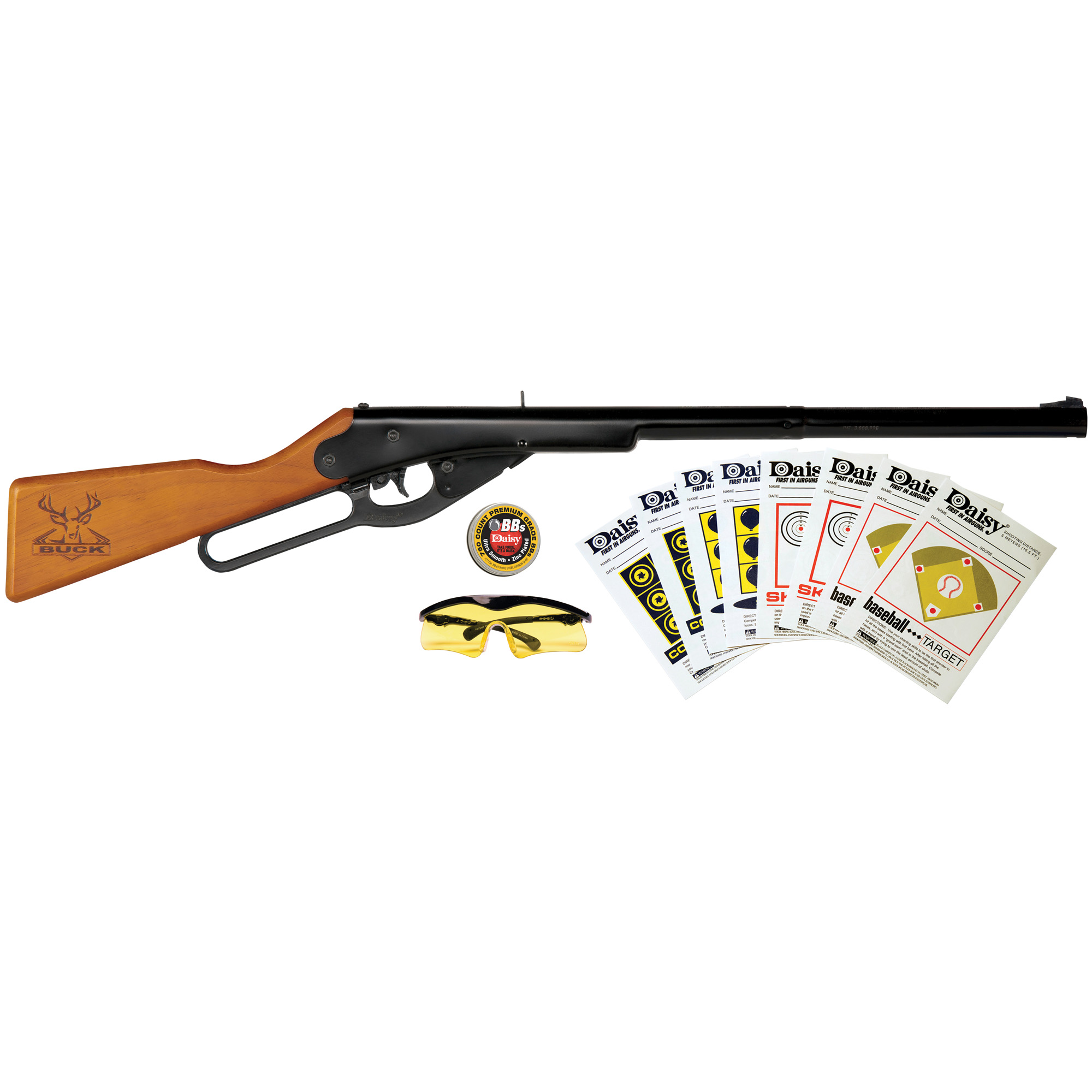 Daisy Buck 105 Kit, Lever Action Air Rifle, .177 BB, 350FPS, Wood Stock, Matte Finish, Black, Includes Safety Glasses, Targets and Tin of 750 BB's 994105-403